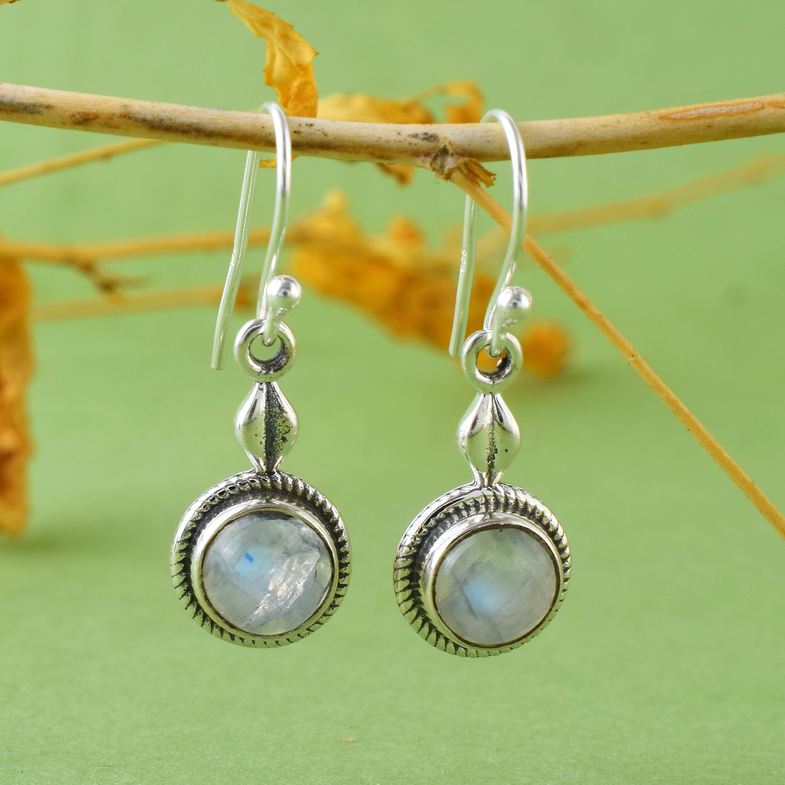 Rainbow Moonstone Silver Dangle Earrings