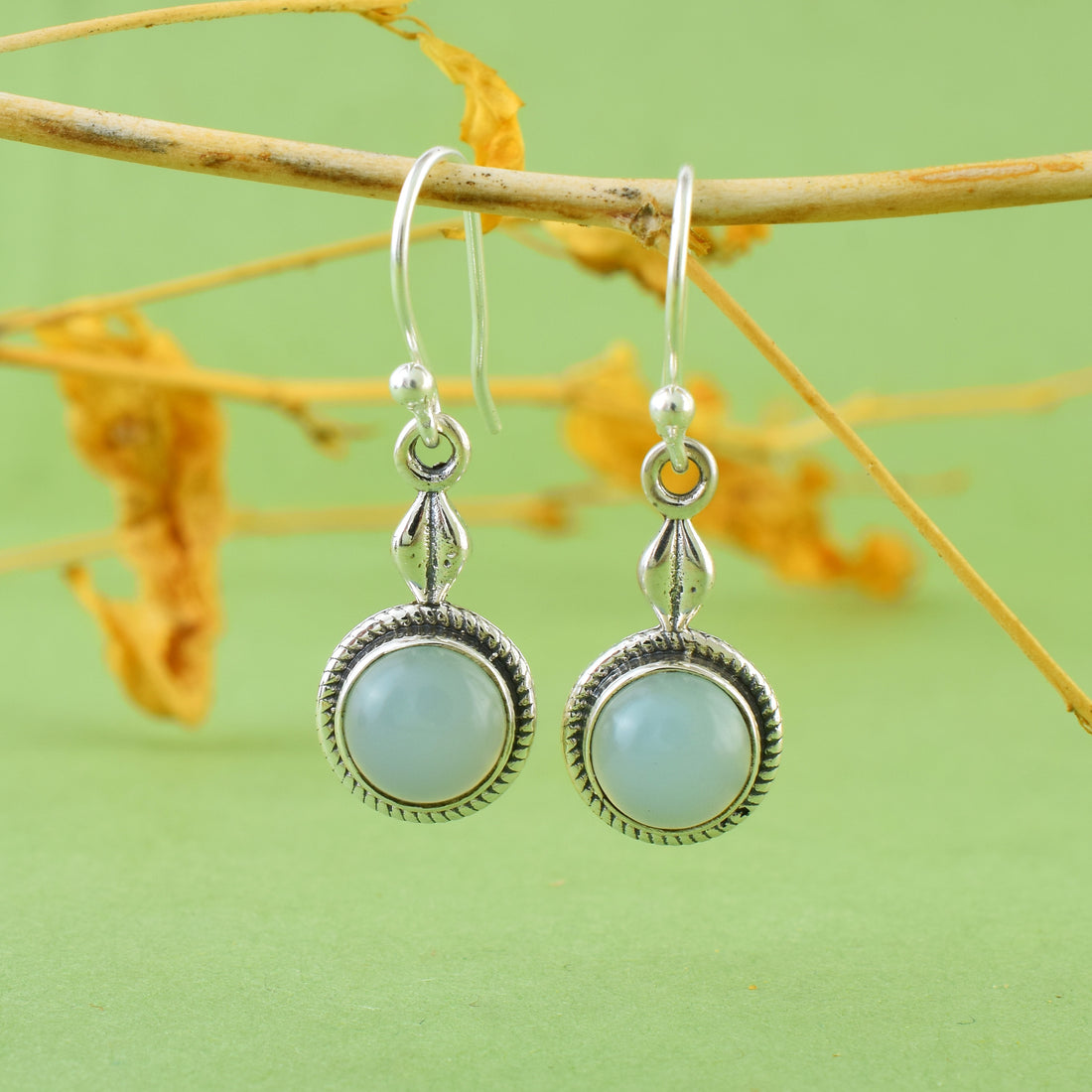 Aqua Chalcedony Leaf Dangle Earrings