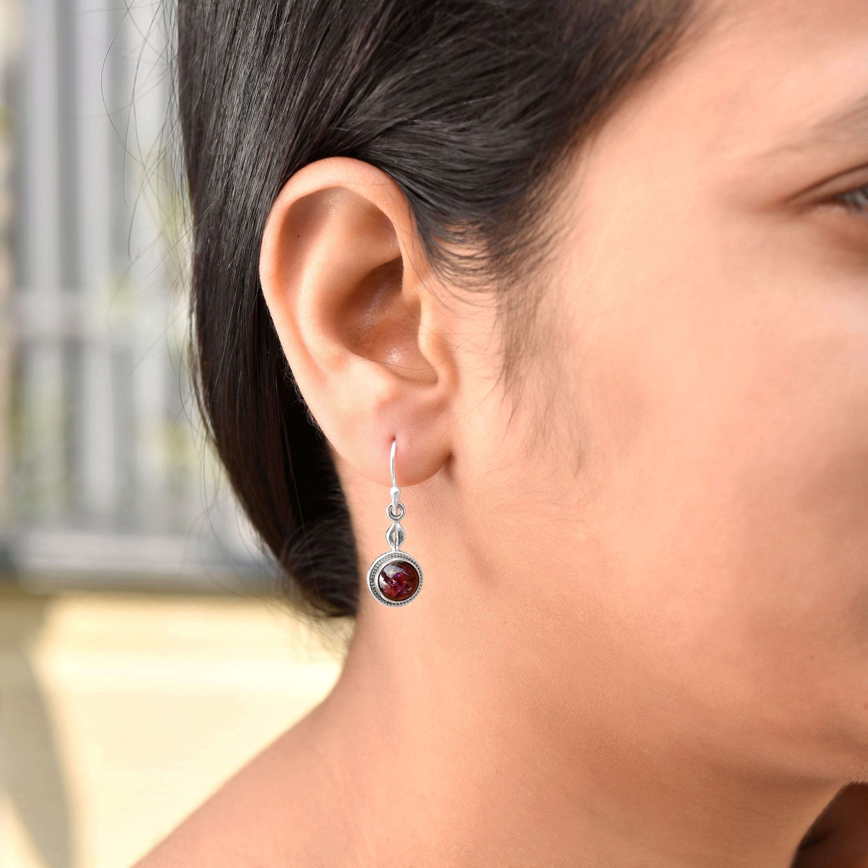 Natural Garnet Round Dangle Earrings