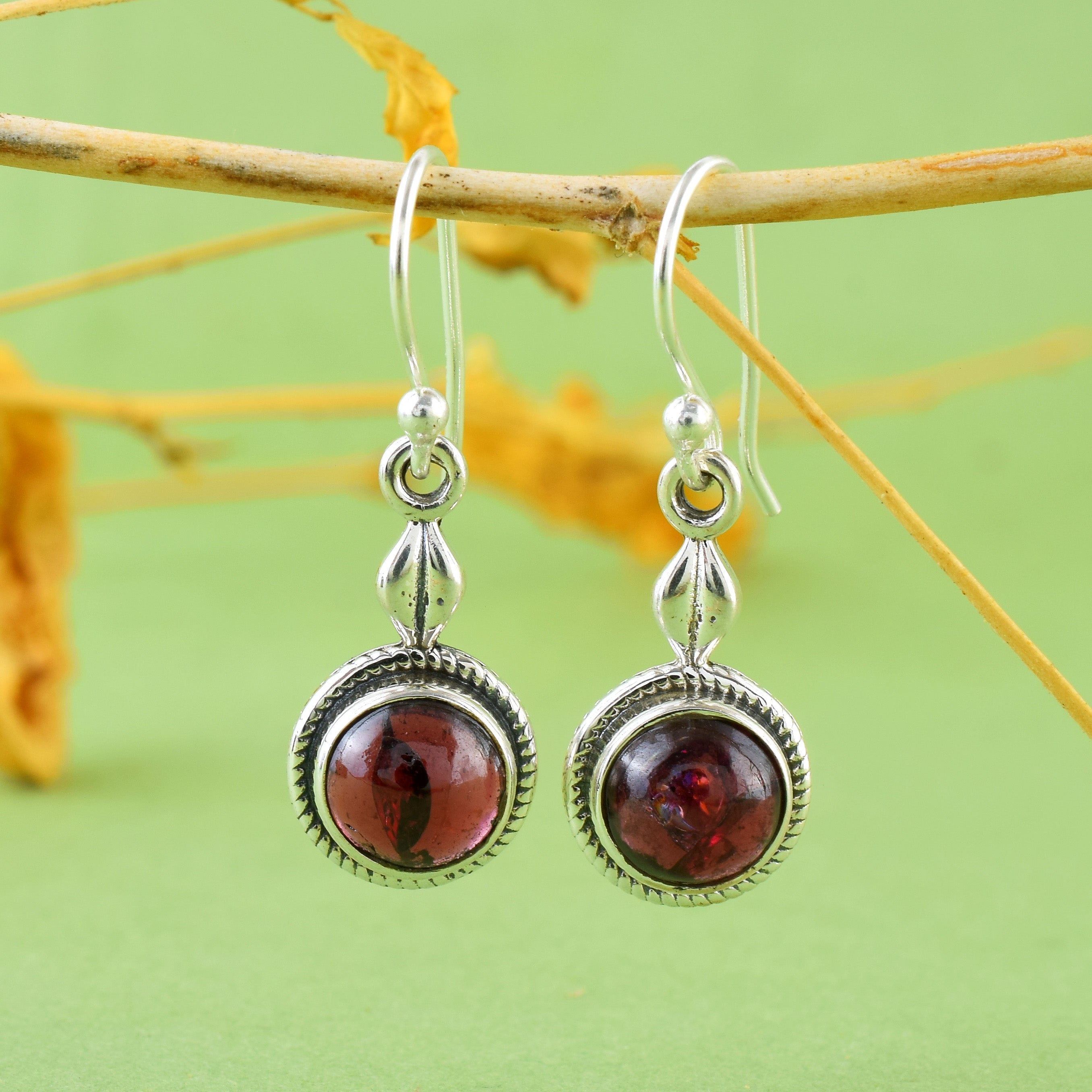 Natural Garnet Round Dangle Earrings