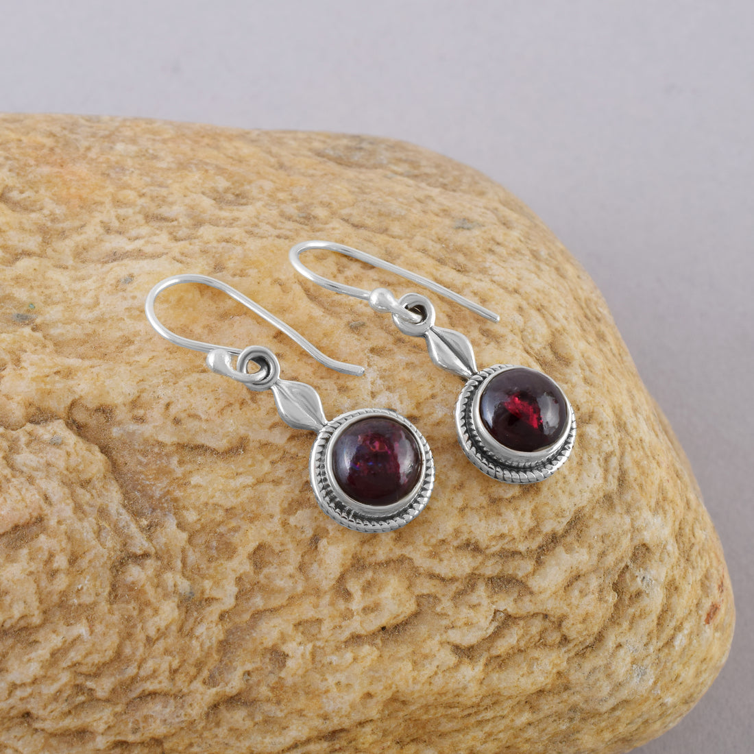 Natural Garnet Round Dangle Earrings