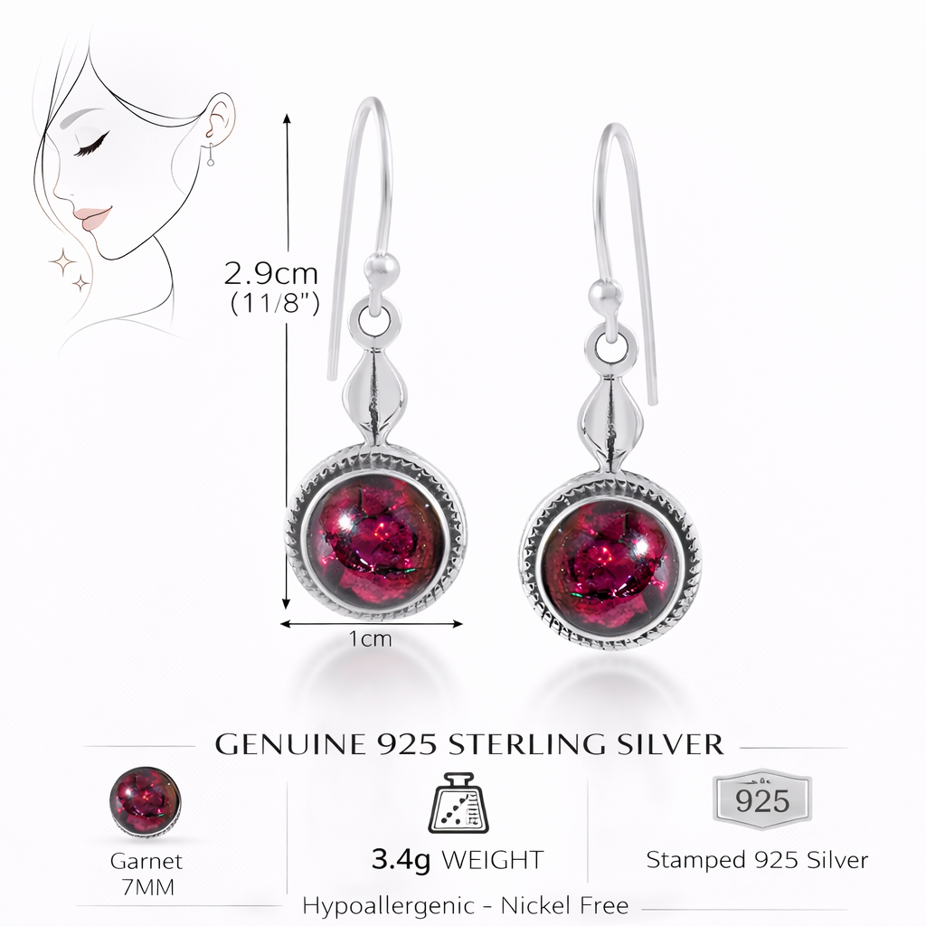 Natural Garnet Round Dangle Earrings