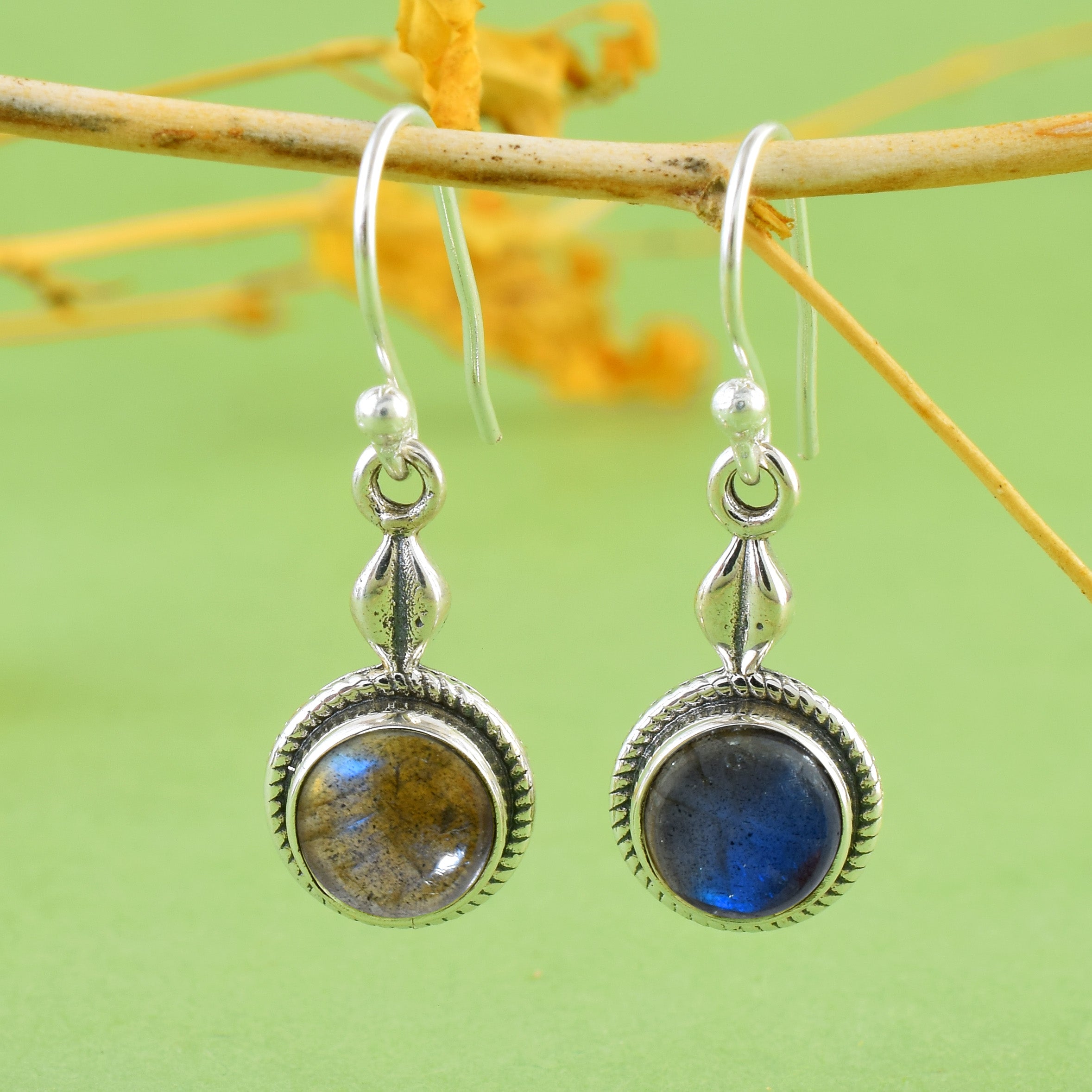 Labradorite Silver Round Dangle Earrings
