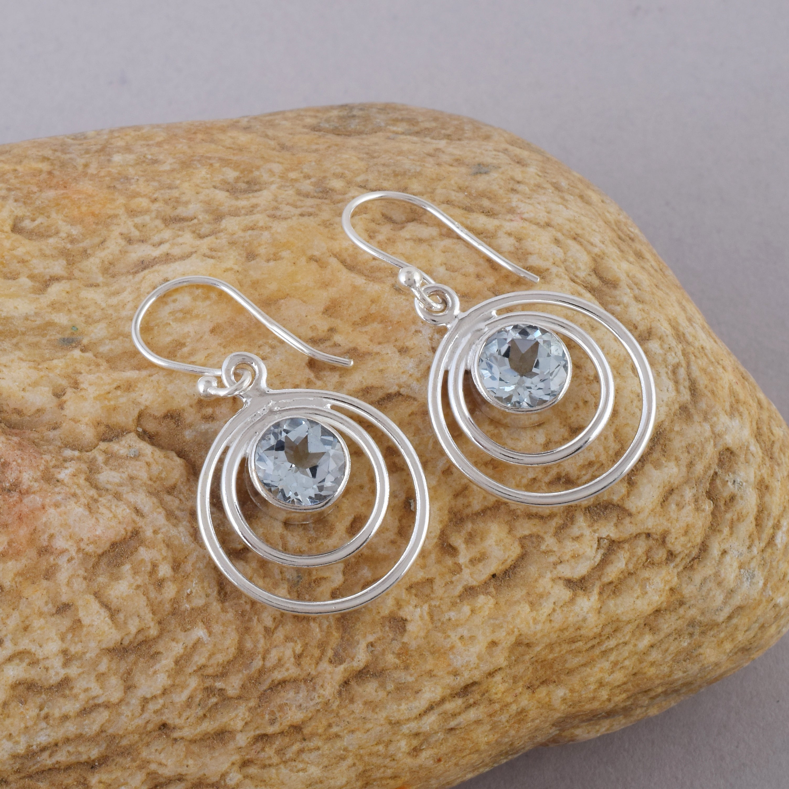 Blue Topaz Double Round Dangle Earrings