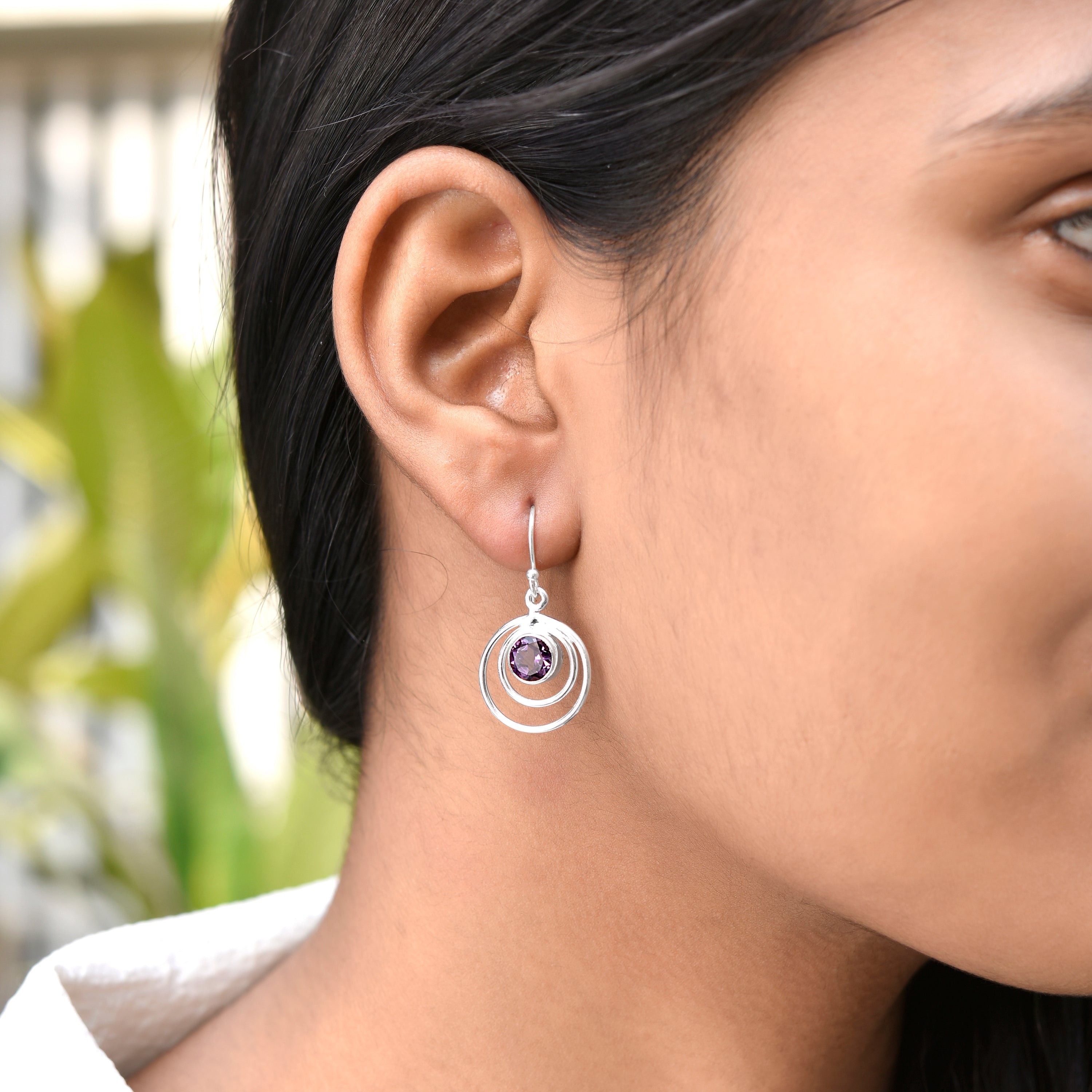 Amethyst Silver Double Round Dangle Earrings