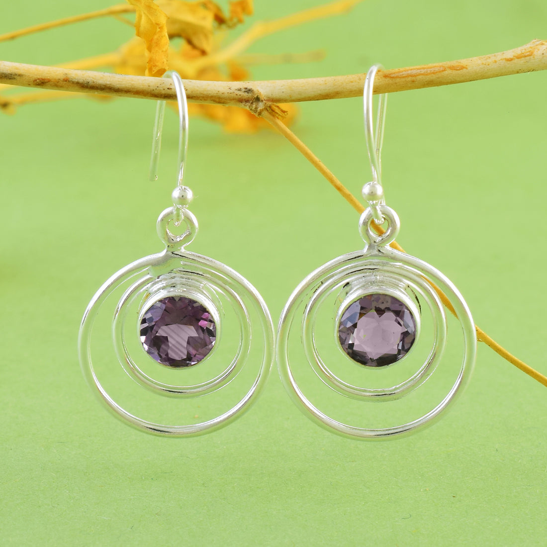 Amethyst Silver Double Round Dangle Earrings
