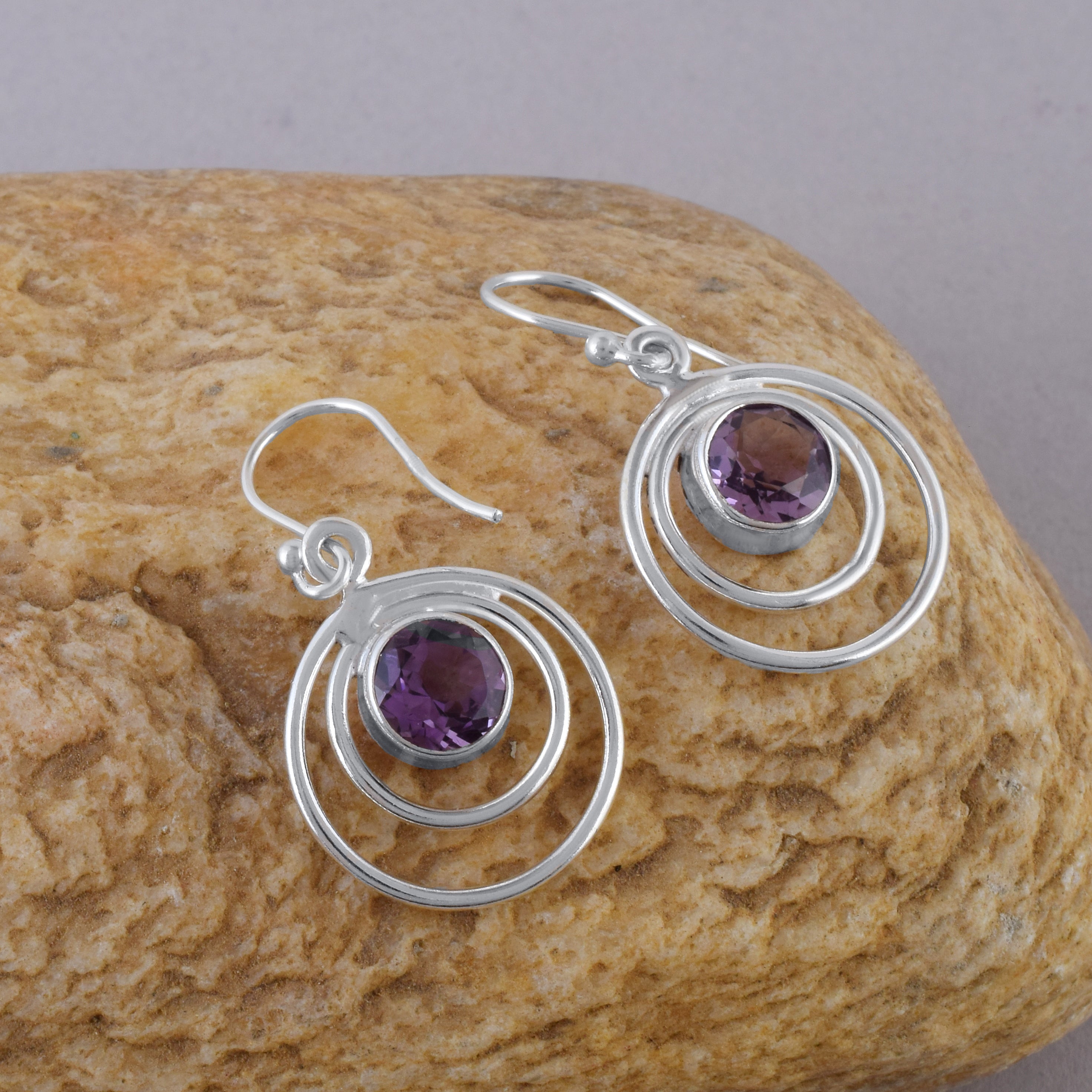 Amethyst Silver Double Round Dangle Earrings