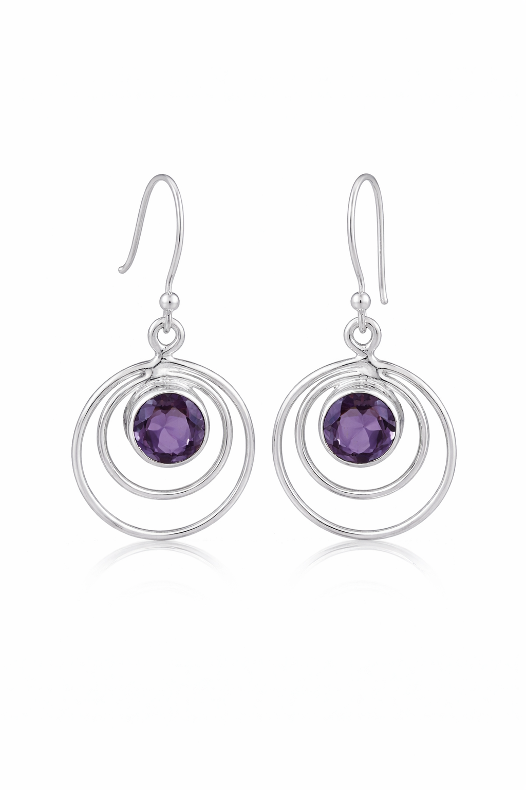 Amethyst Silver Double Round Dangle Earrings
