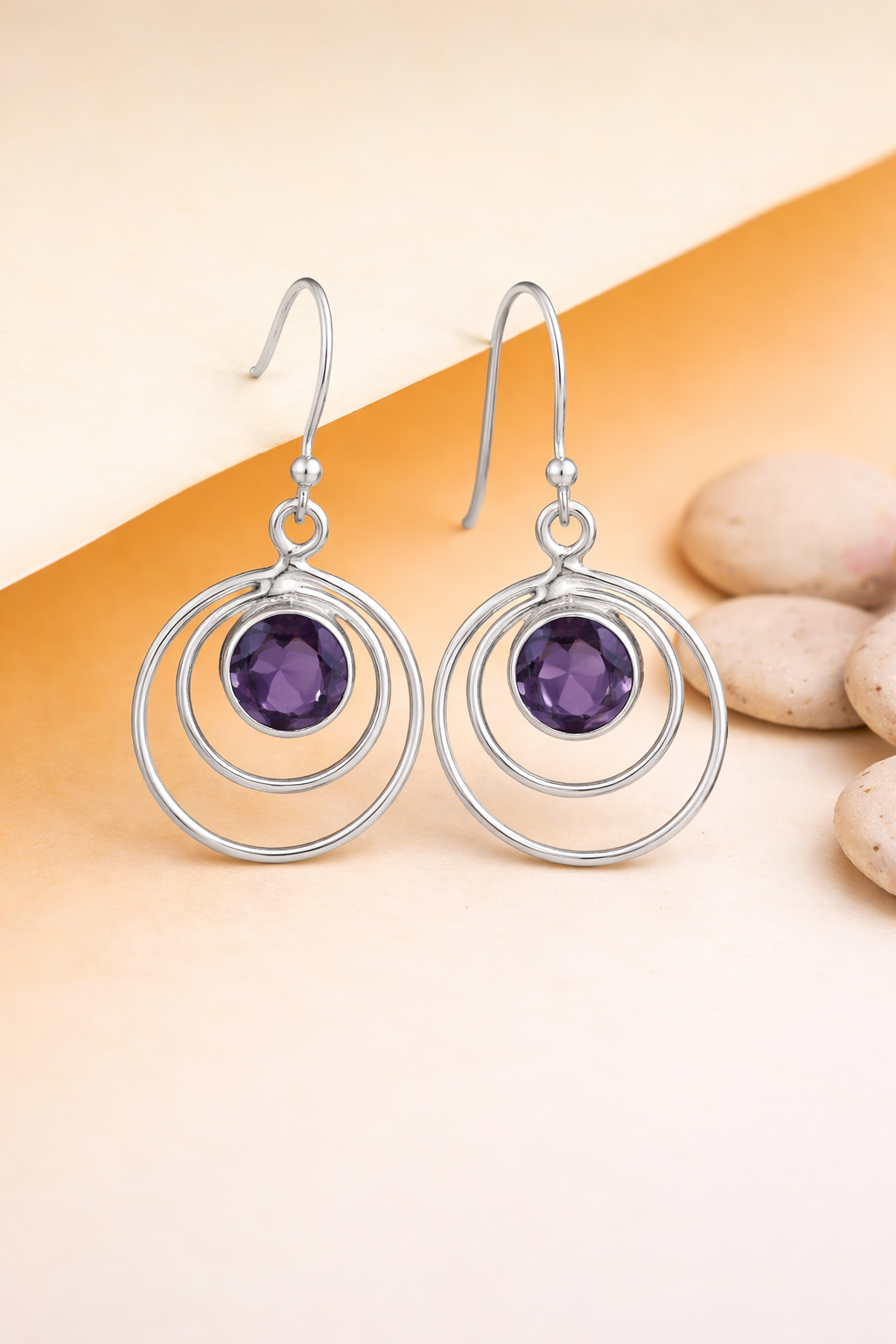 Amethyst Silver Double Round Dangle Earrings