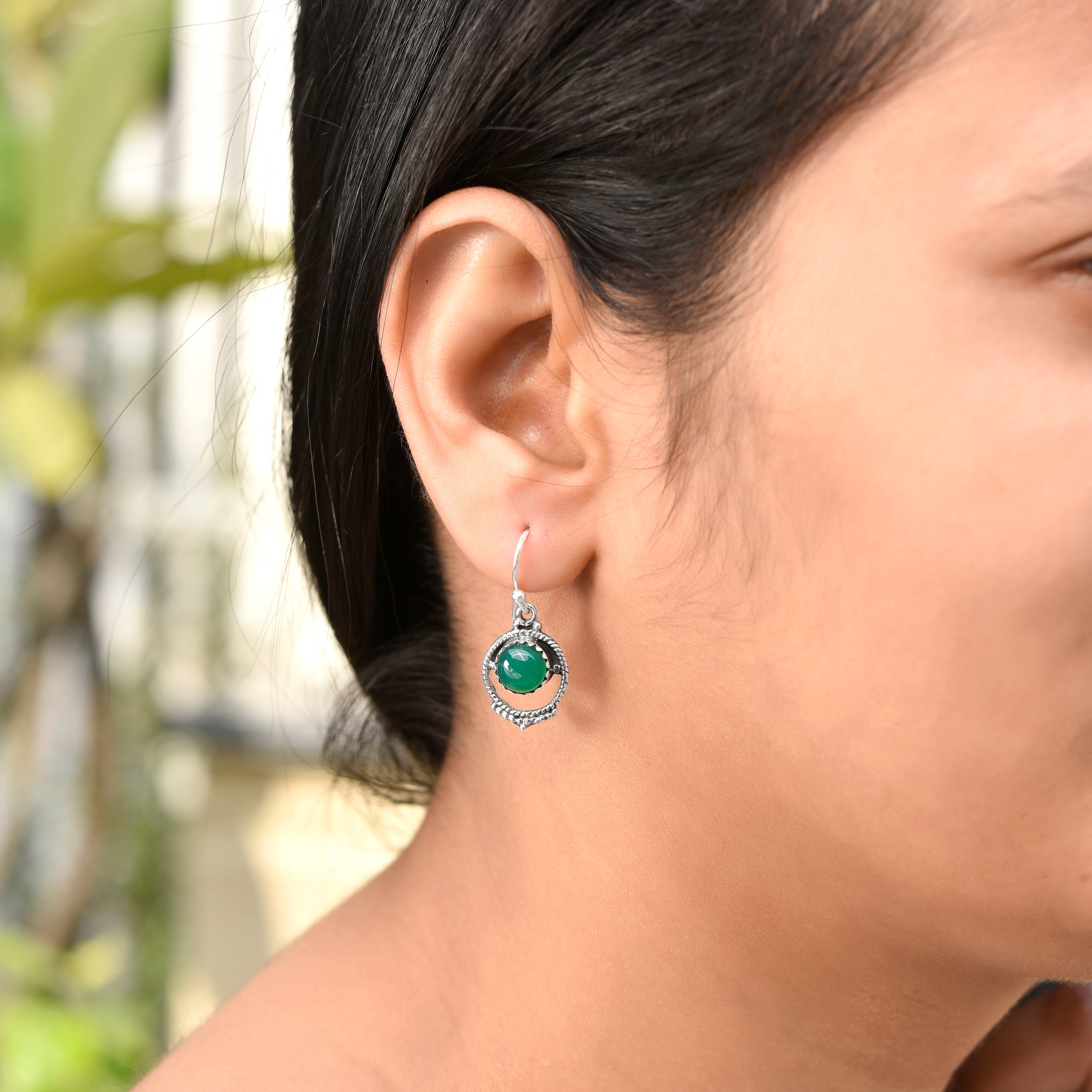 Green Onyx Silver Vintage Dangle Earrings