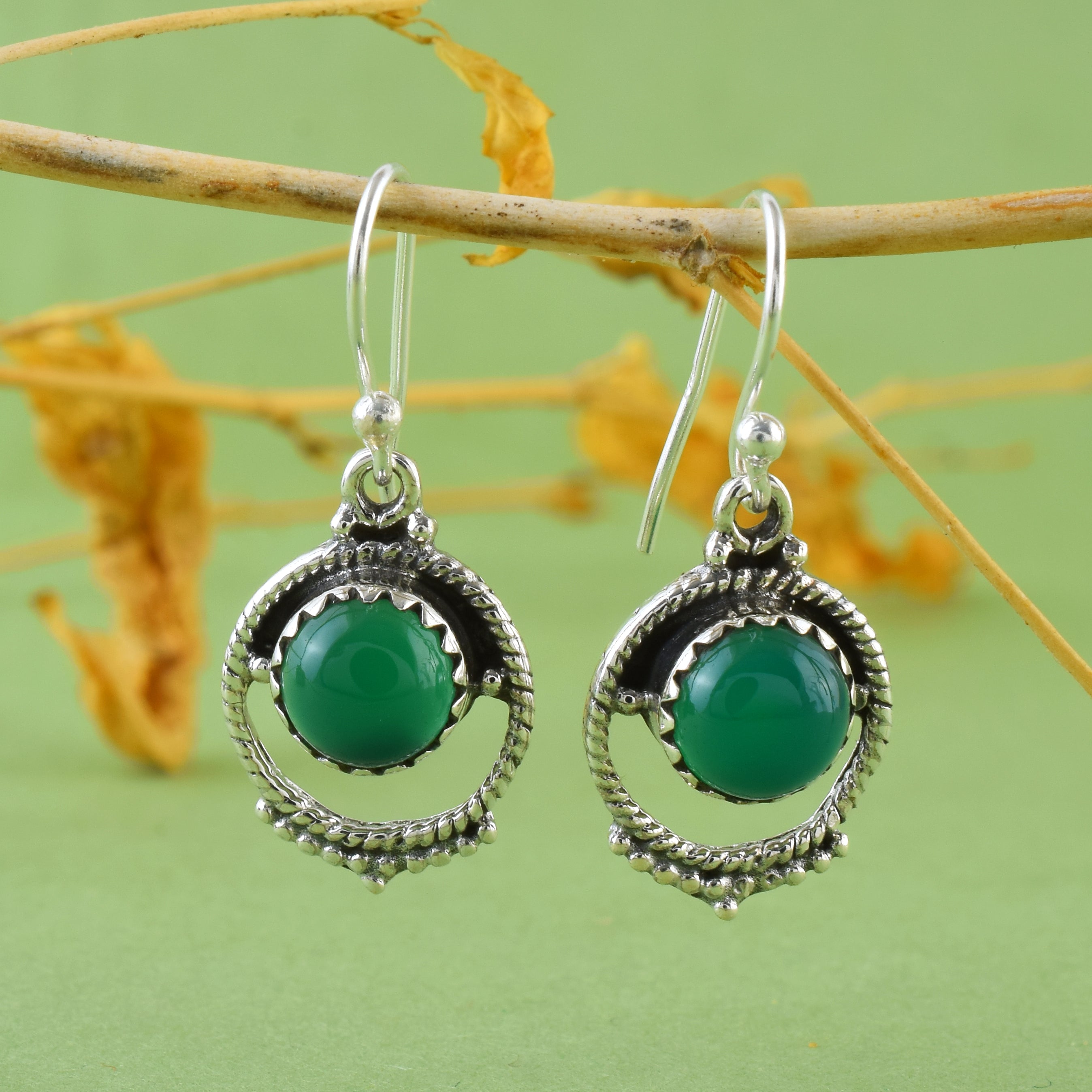 Green Onyx Silver Vintage Dangle Earrings
