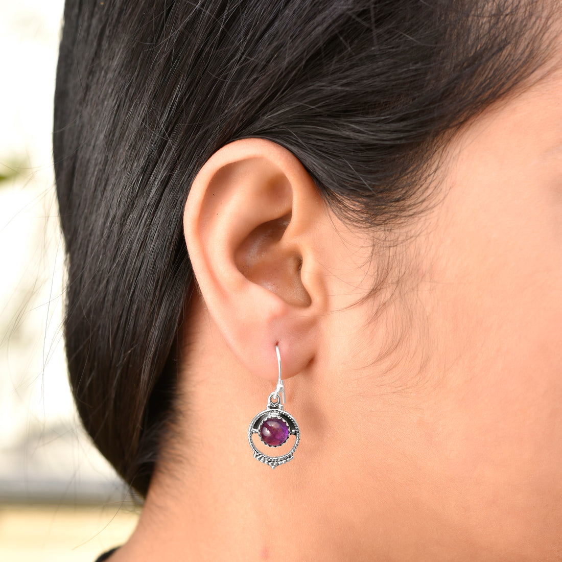Purple Silver Dangle Earrings