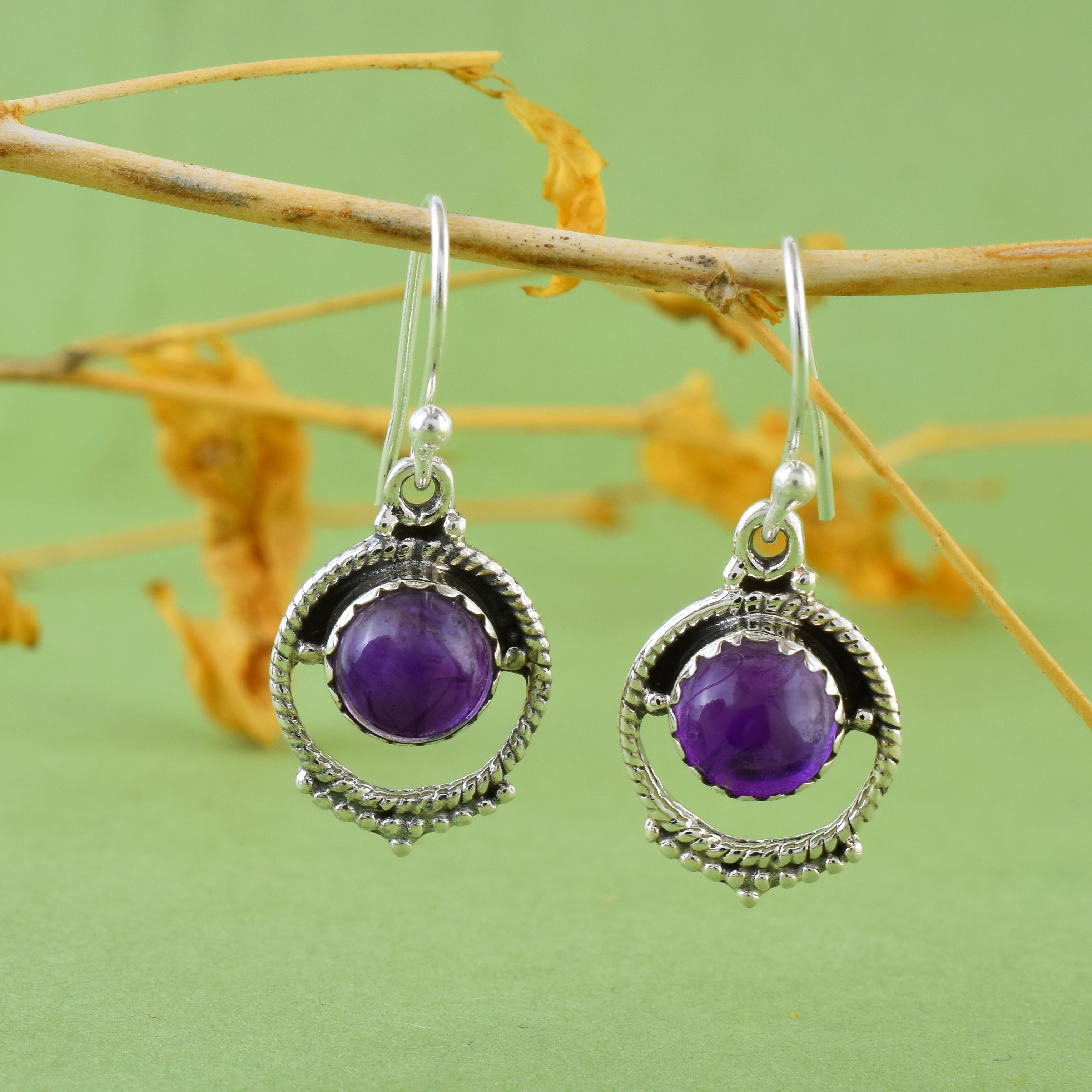 Purple Silver Dangle Earrings