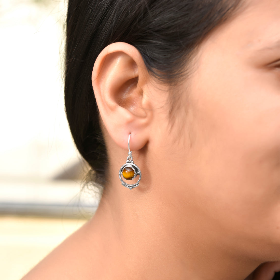 Natural Tiger Eye Round Dangle Earrings