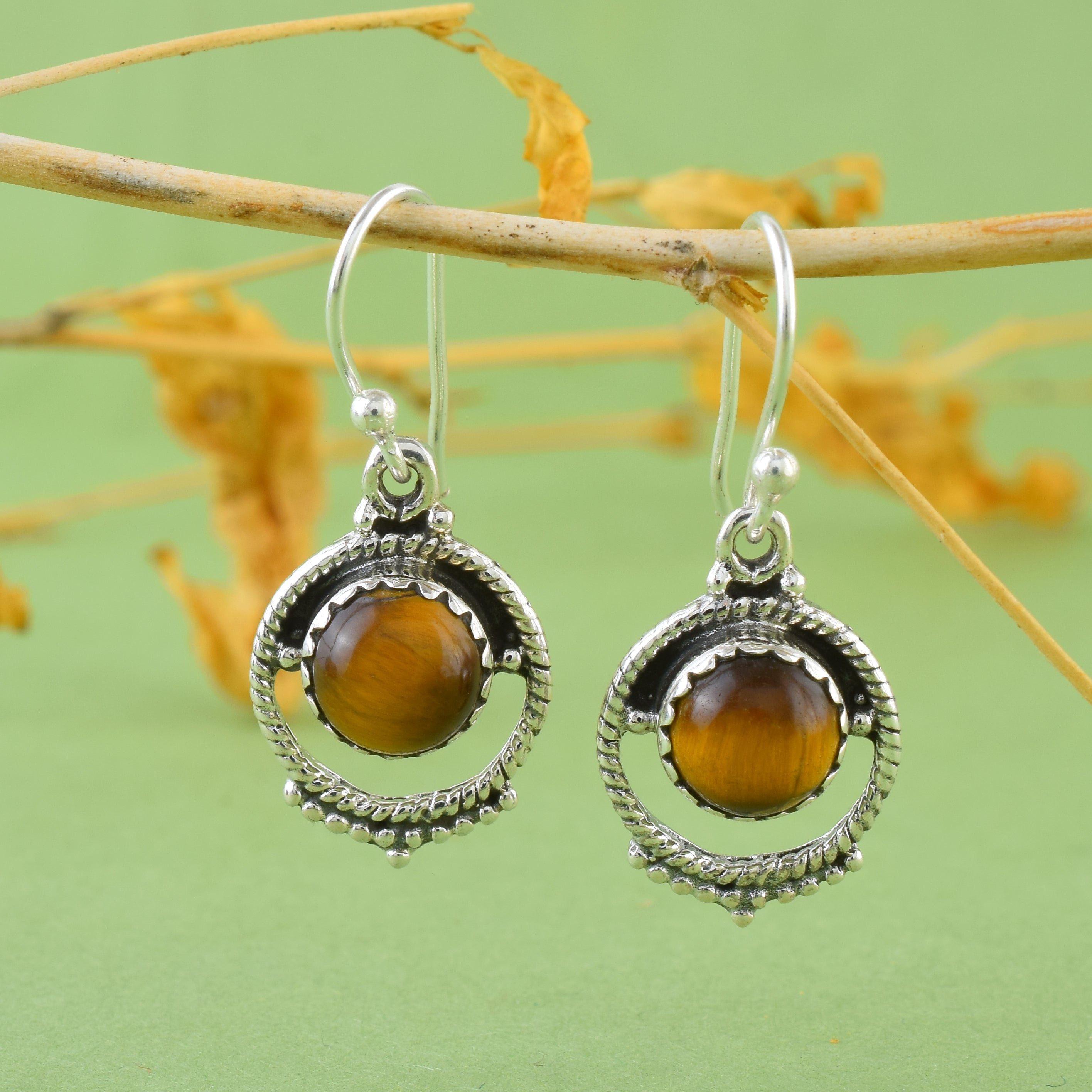 Natural Tiger Eye Round Dangle Earrings