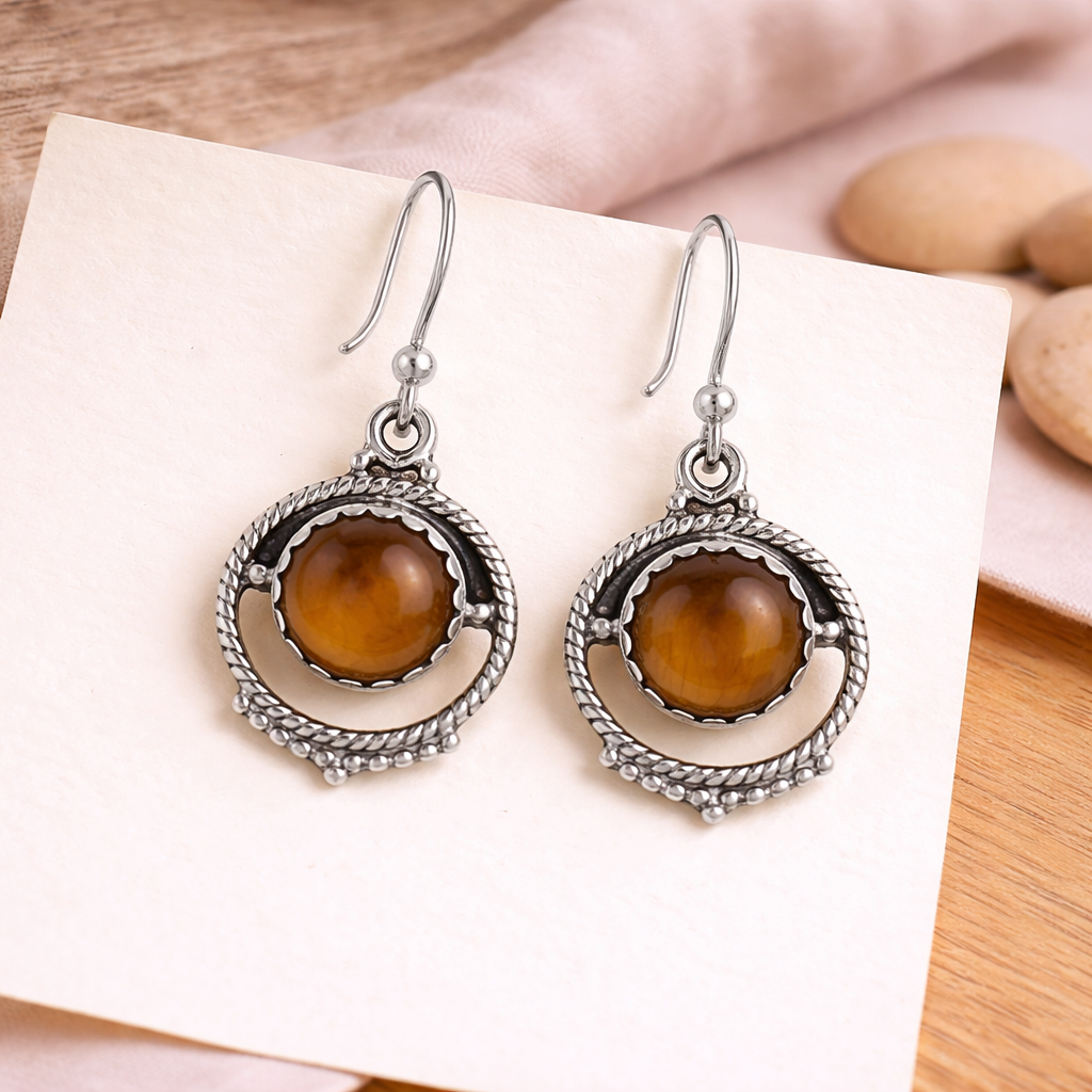 Natural Tiger Eye Round Dangle Earrings