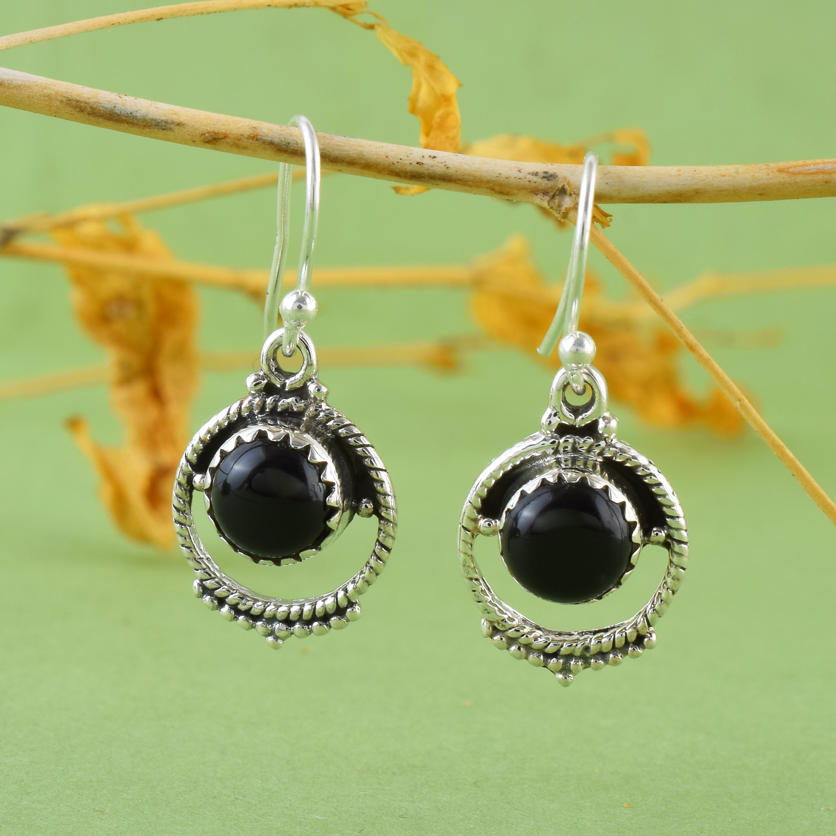 Ethnic Black Onyx Round Dangle Earrings