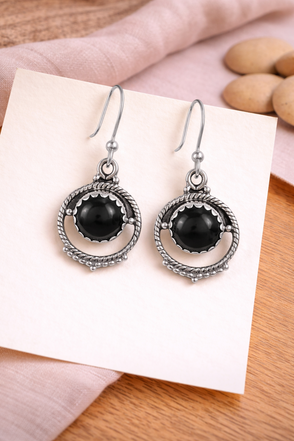 Ethnic Black Onyx Round Dangle Earrings