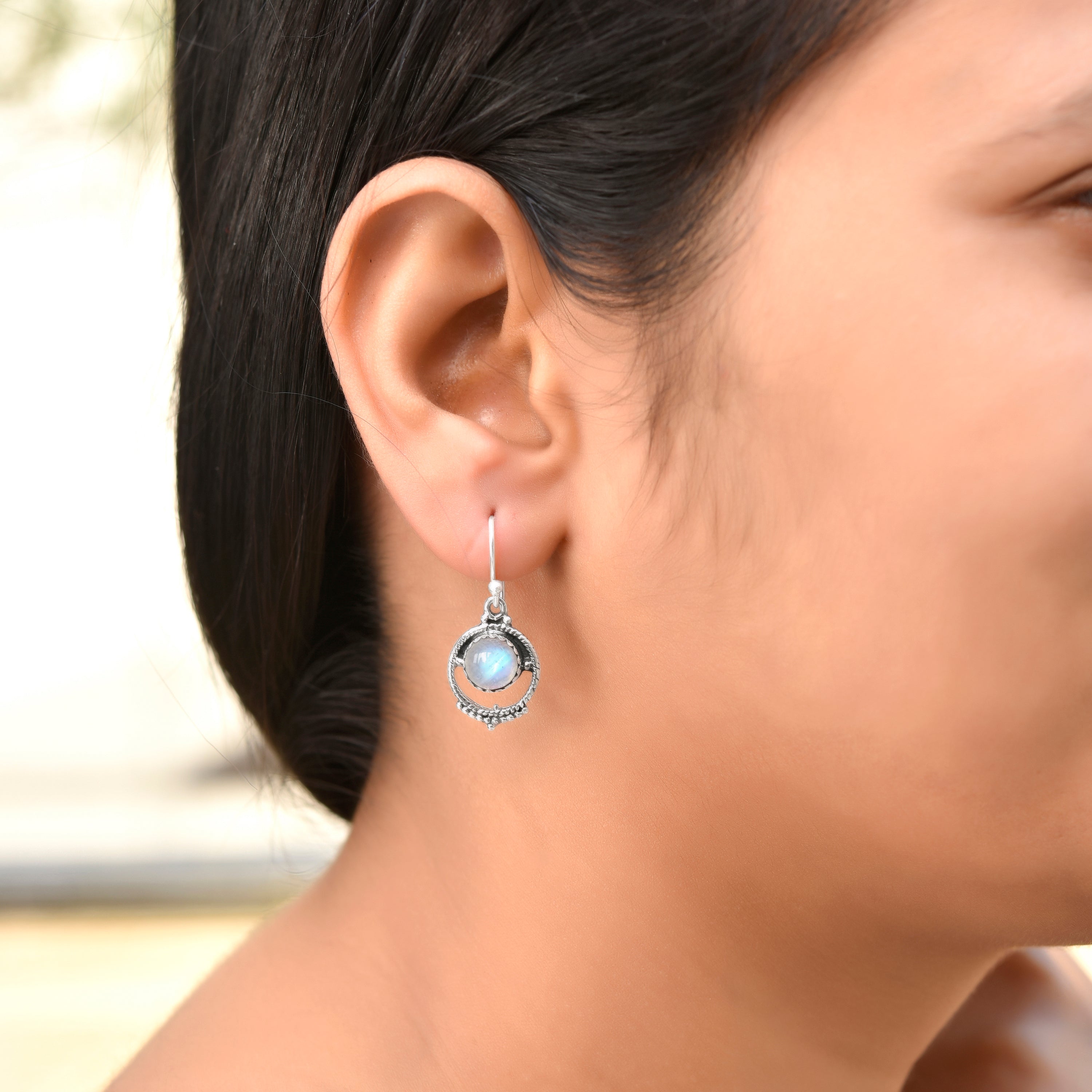 Rainbow Moonstone Silver Round Dangles