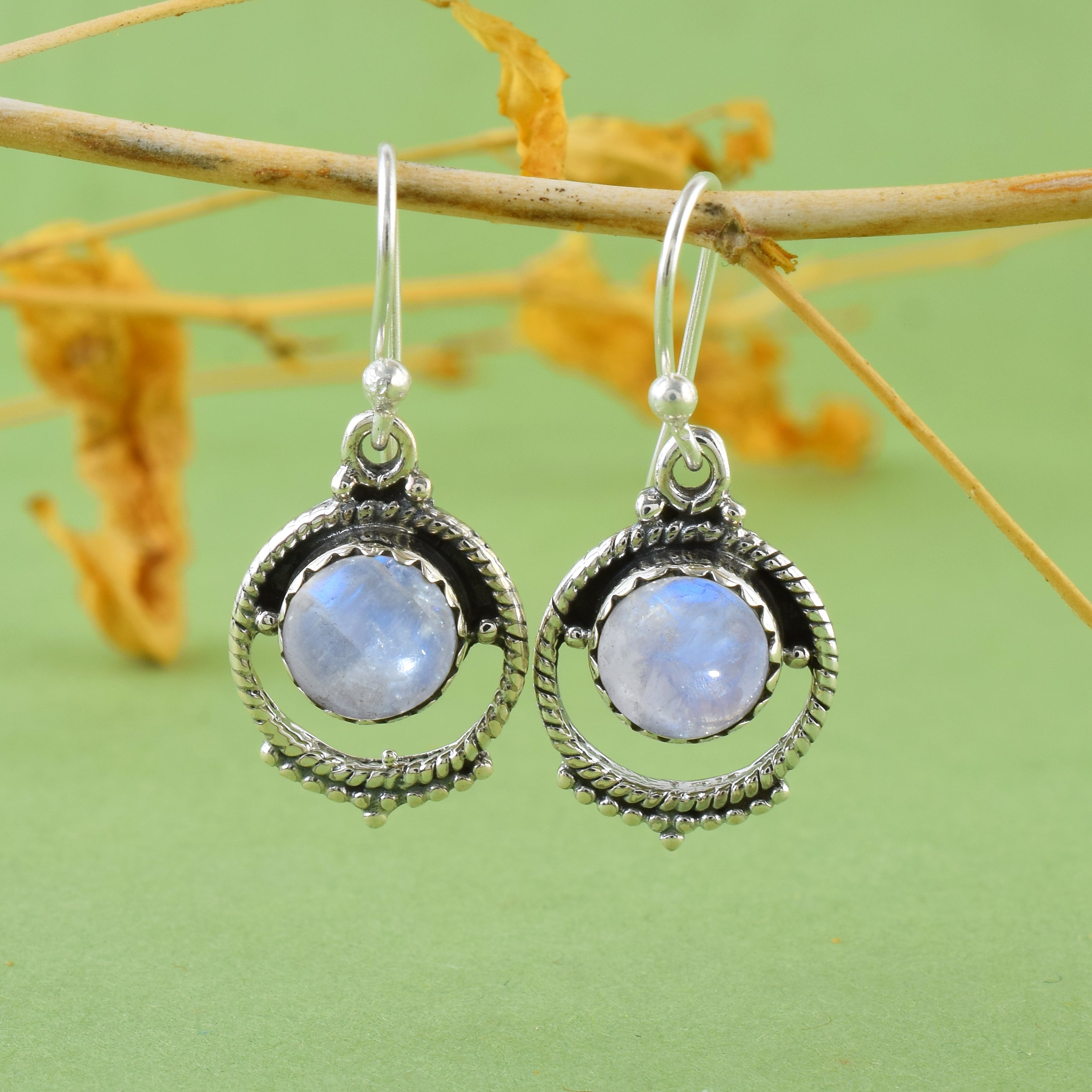 Rainbow Moonstone Silver Round Dangles