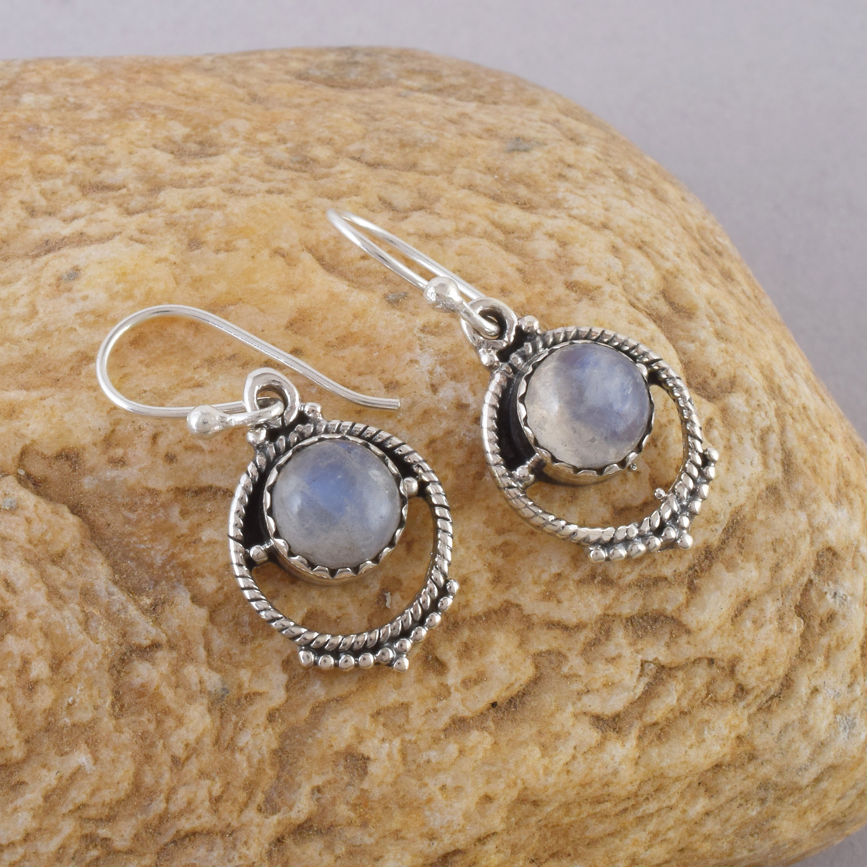 Rainbow Moonstone Silver Round Dangles