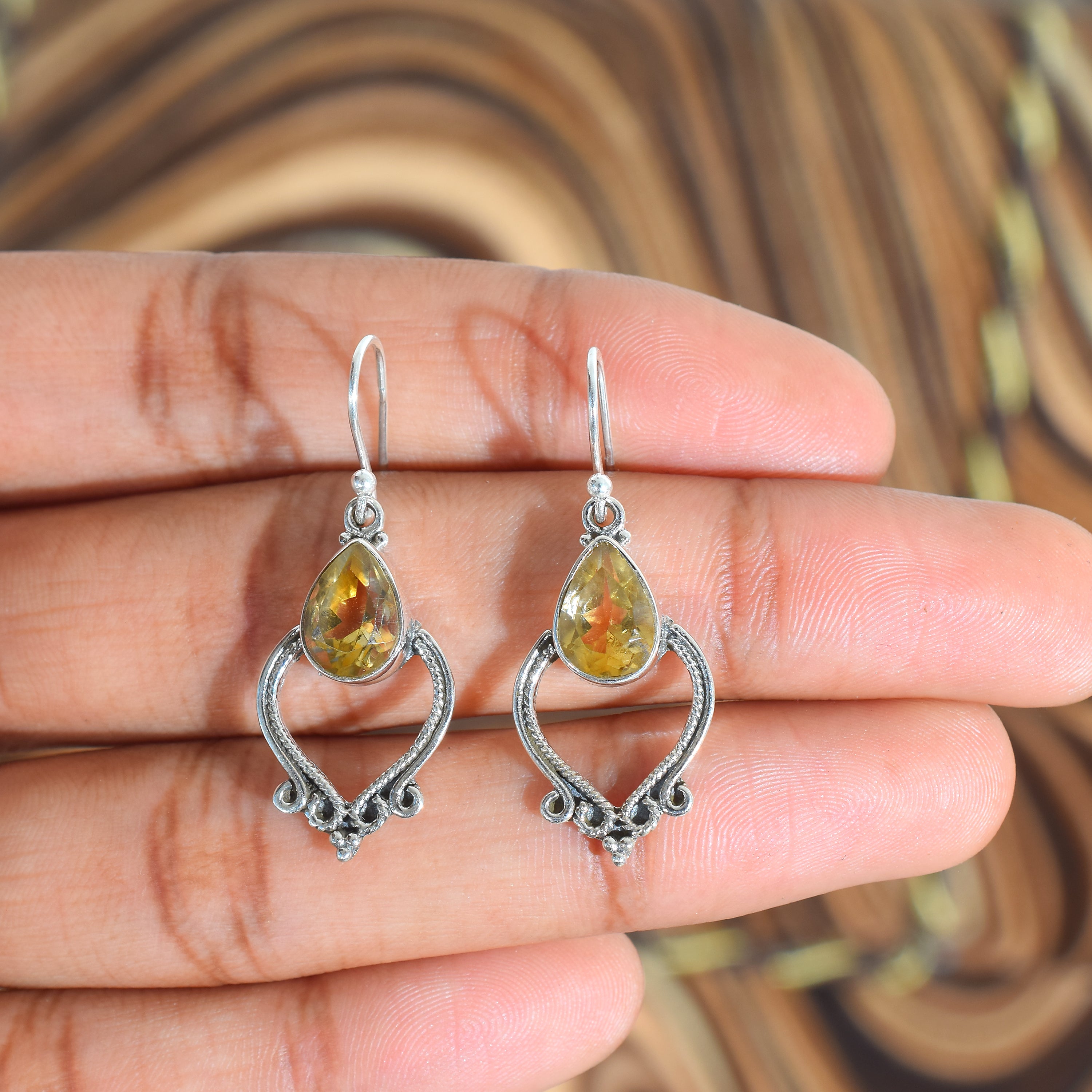 Vintage Citrine Artisan Silver Earrings