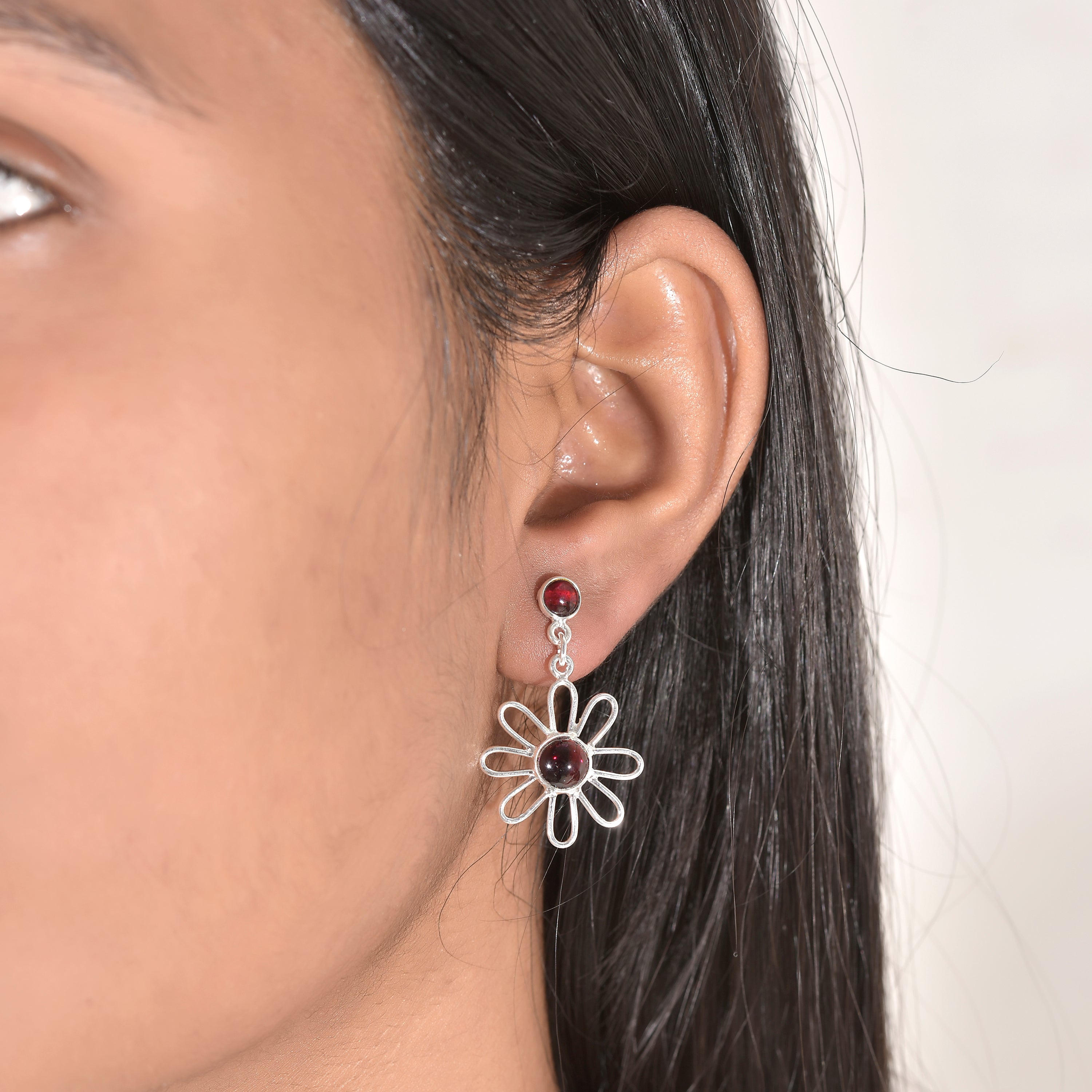 Floral Garnet Silver Earrings