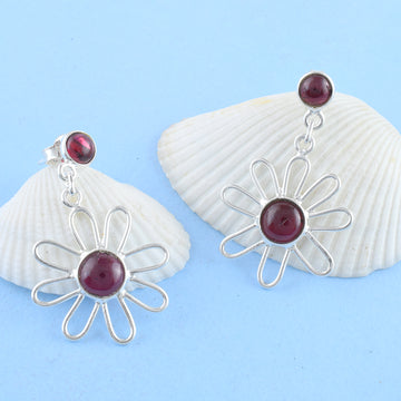 Floral Garnet Silver Earrings