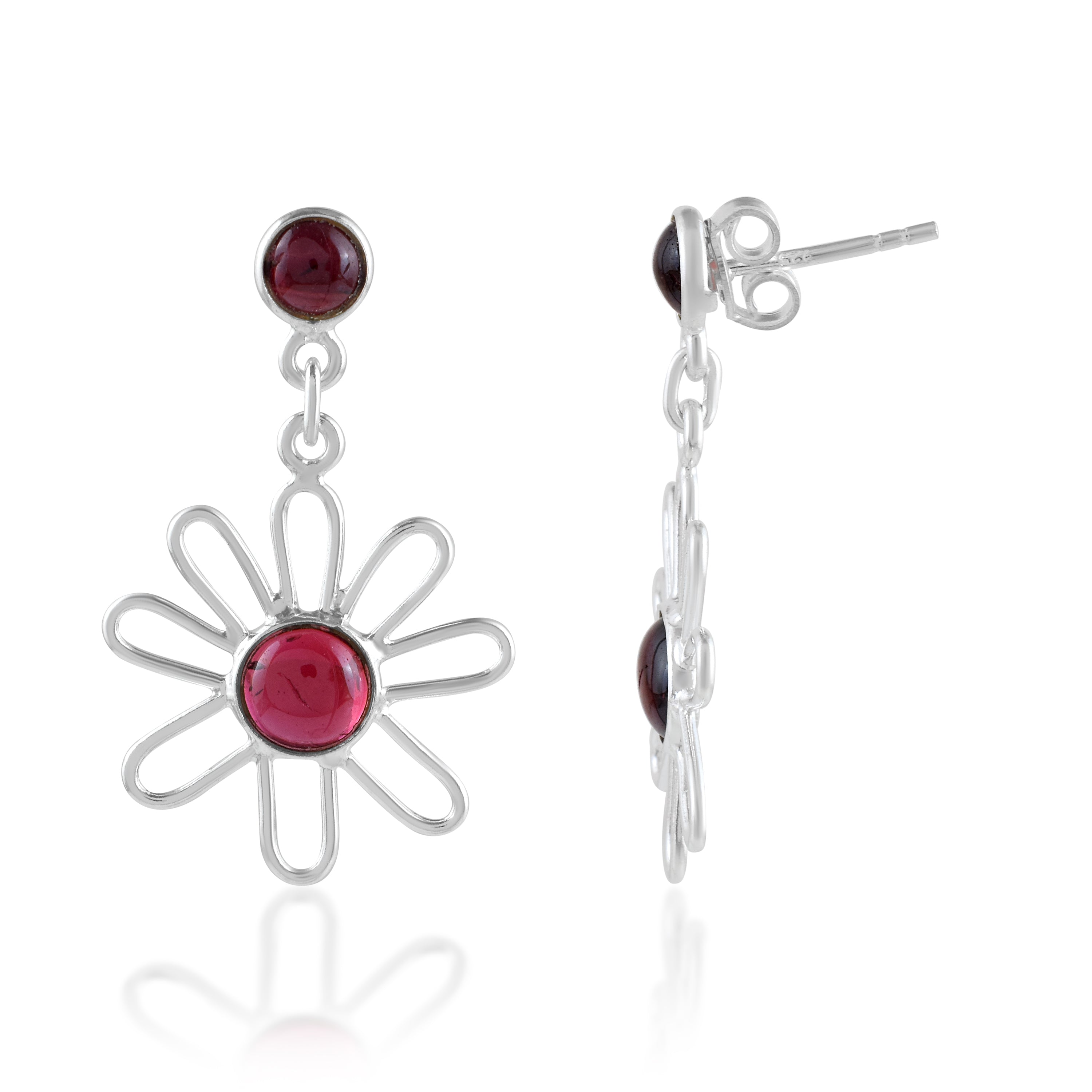 Floral Garnet Silver Earrings