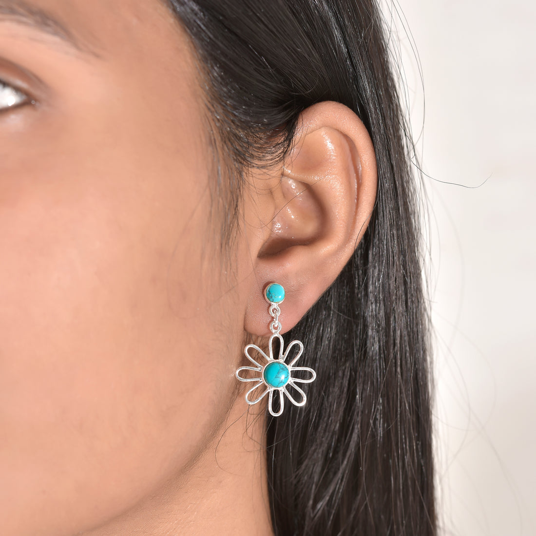 Turquoise Floral Silver Earrings