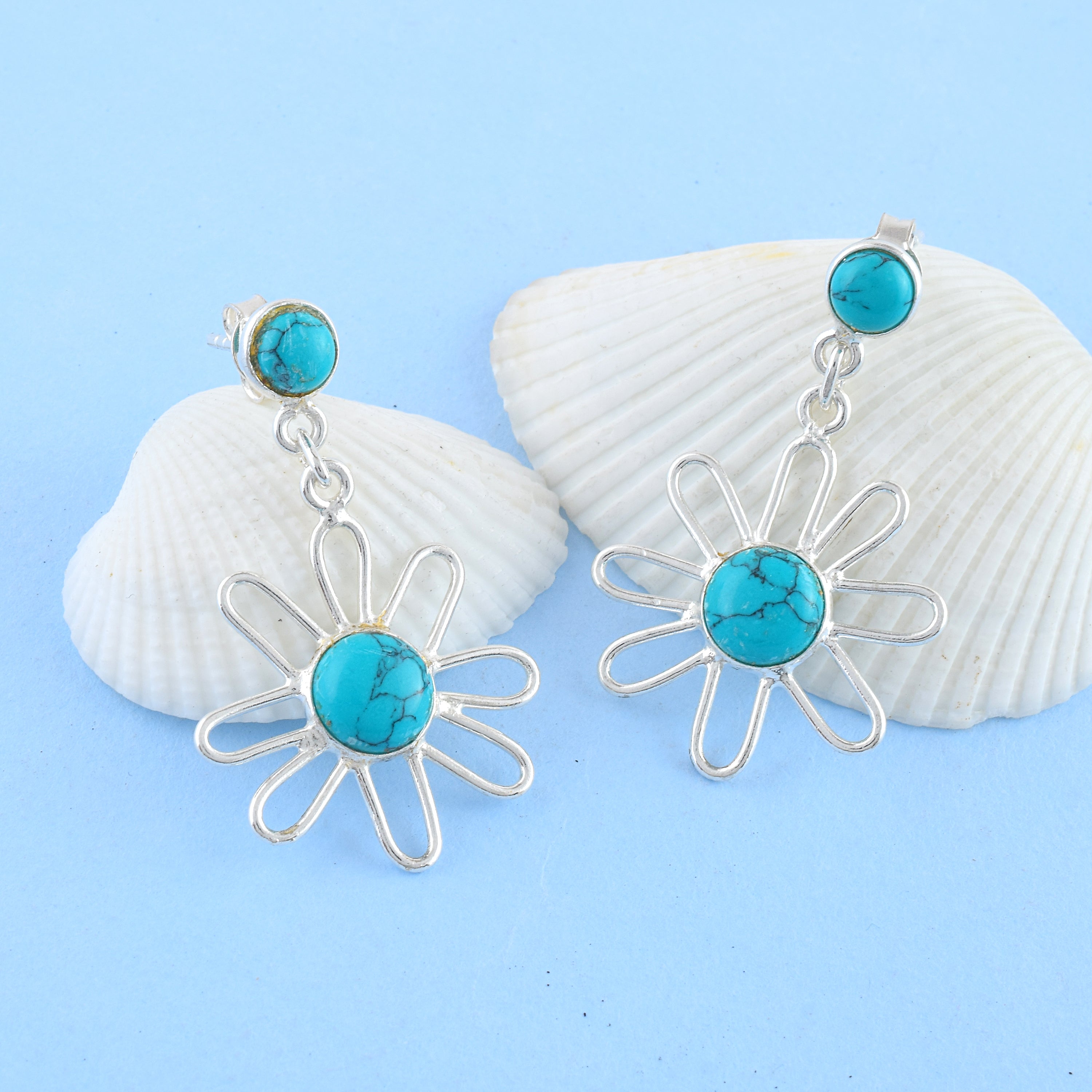Turquoise Floral Silver Earrings