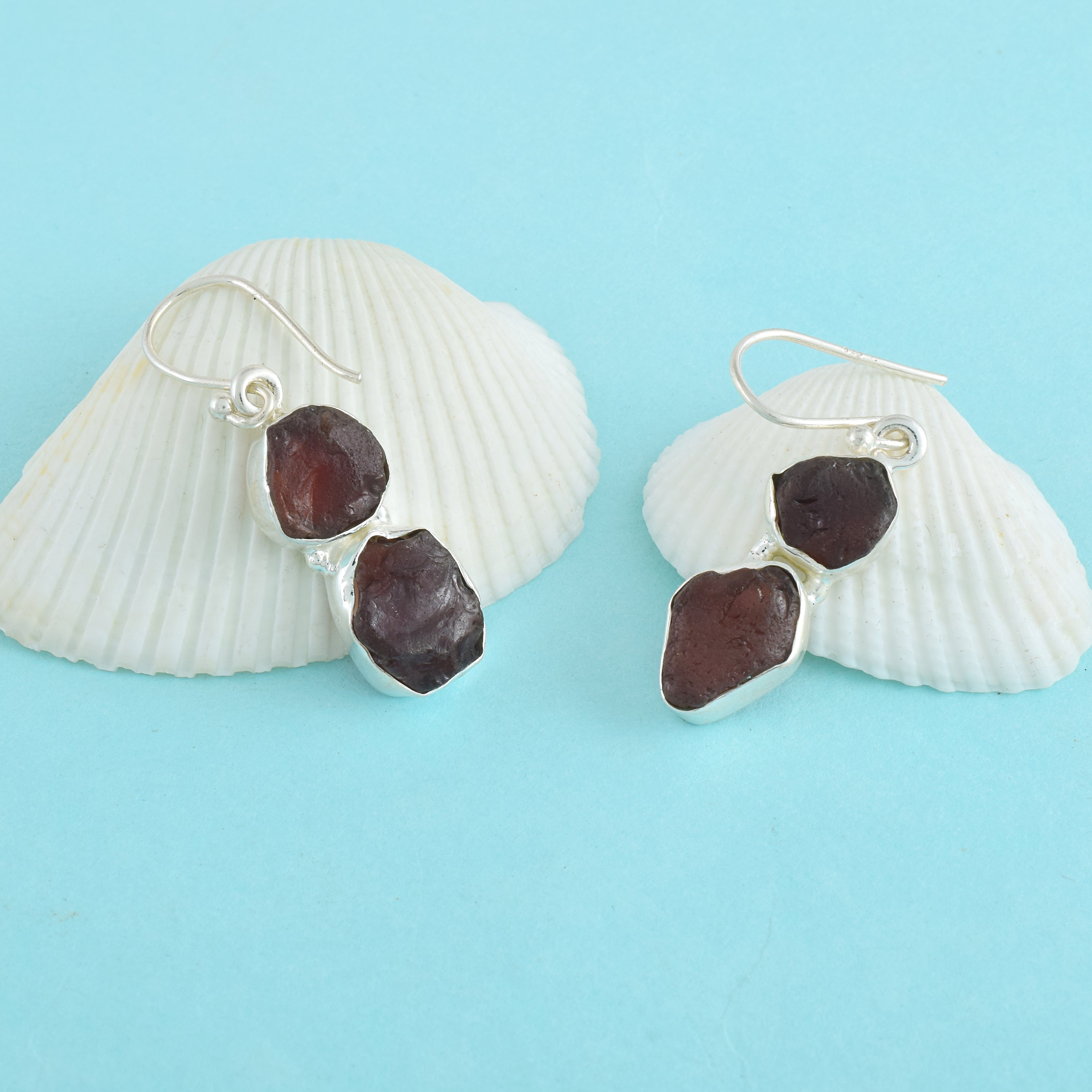 Garnet Raw Crystal Silver Dangle Earrings