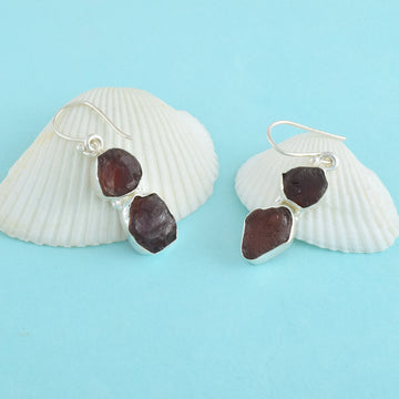 Garnet Raw Crystal Silver Dangle Earrings