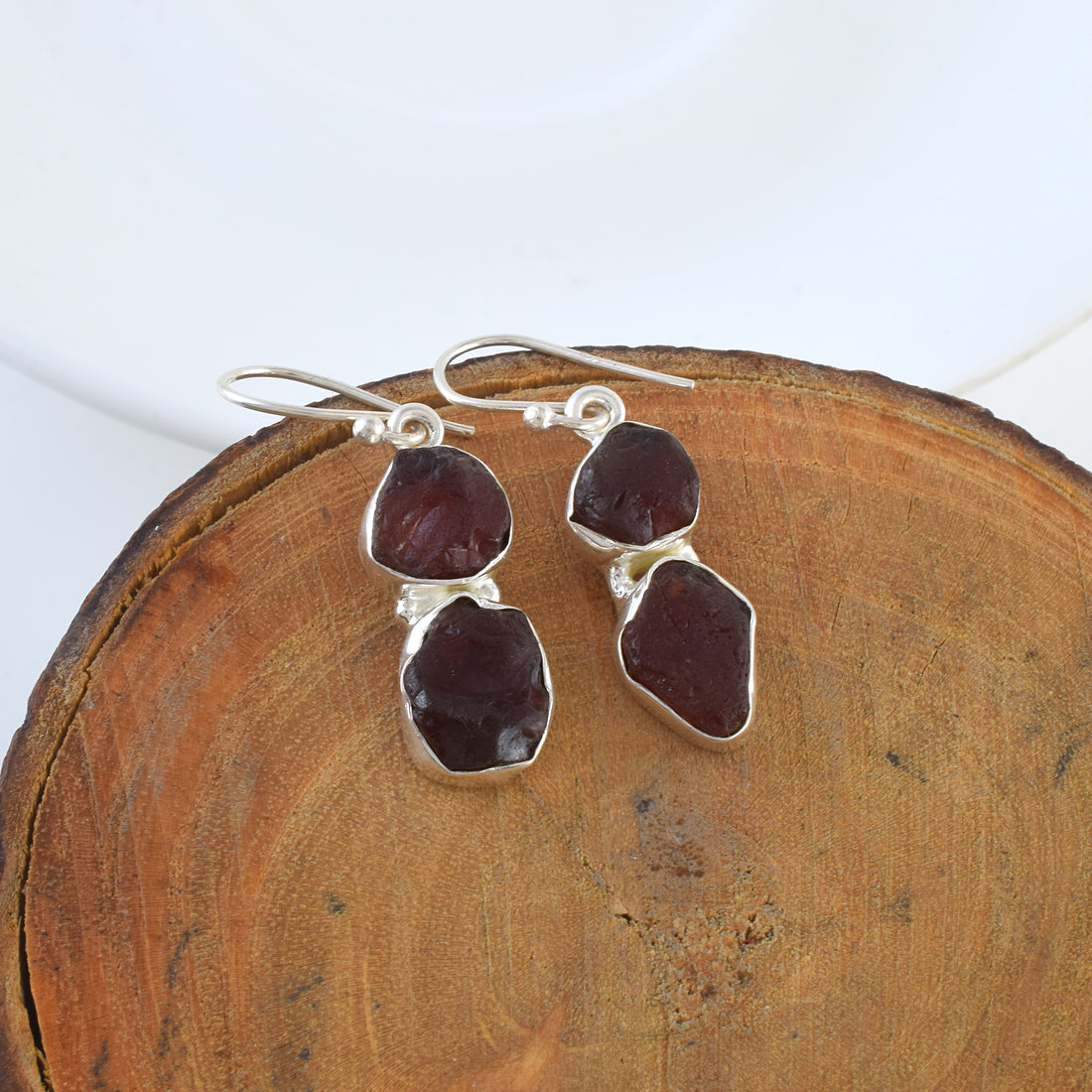Garnet Raw Crystal Silver Dangle Earrings