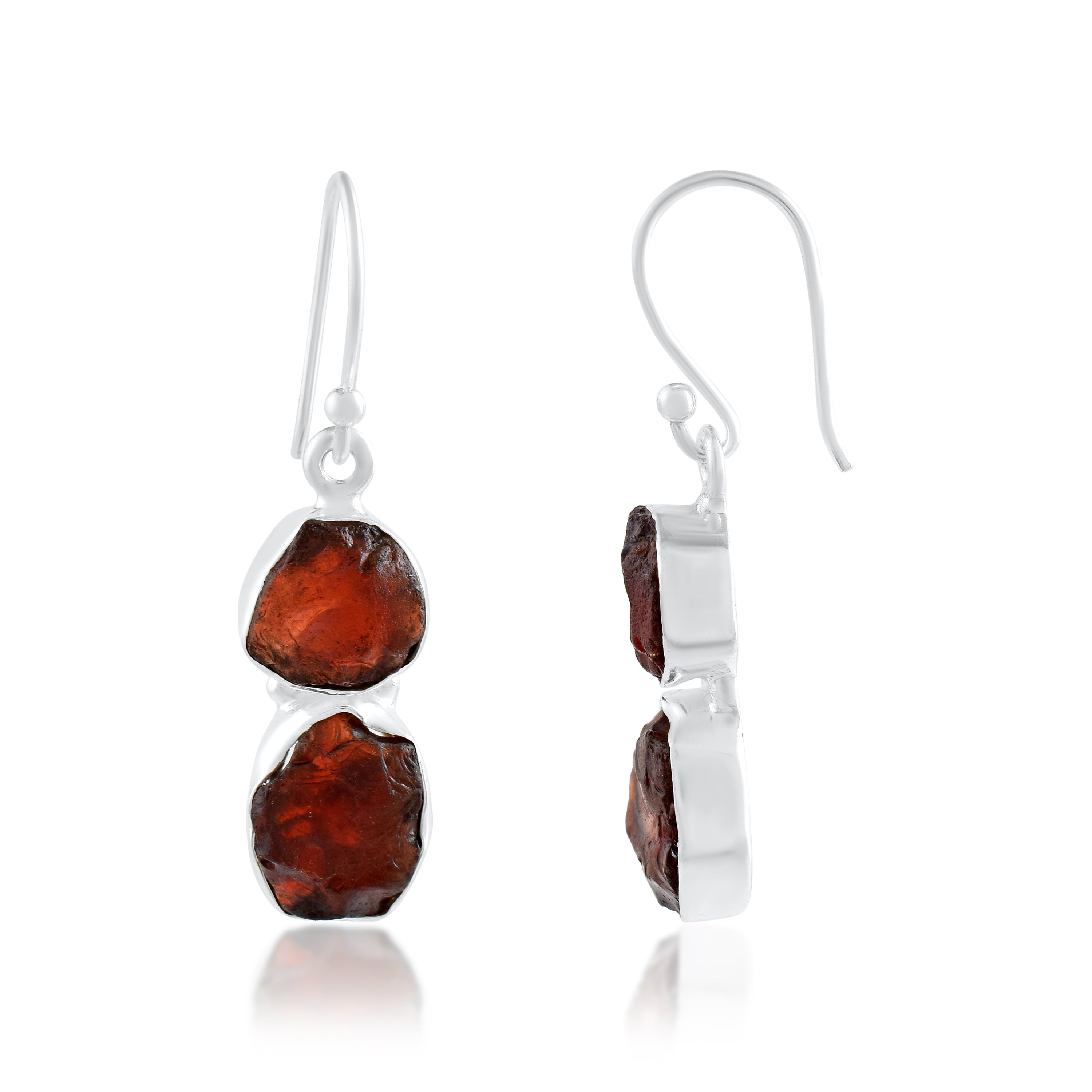 Garnet Raw Crystal Silver Dangle Earrings