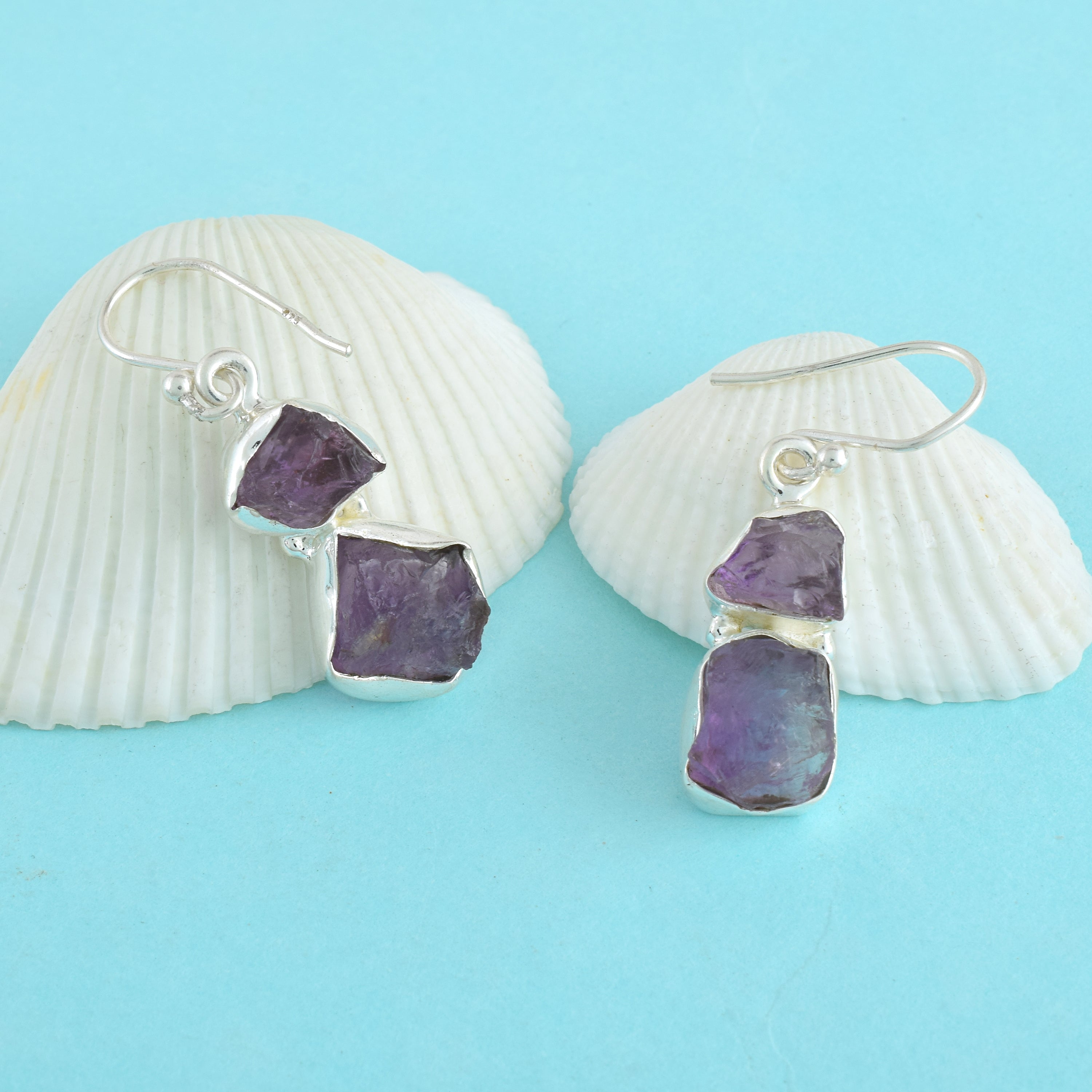 Purple Raw Crystal Silver Dangle Earrings