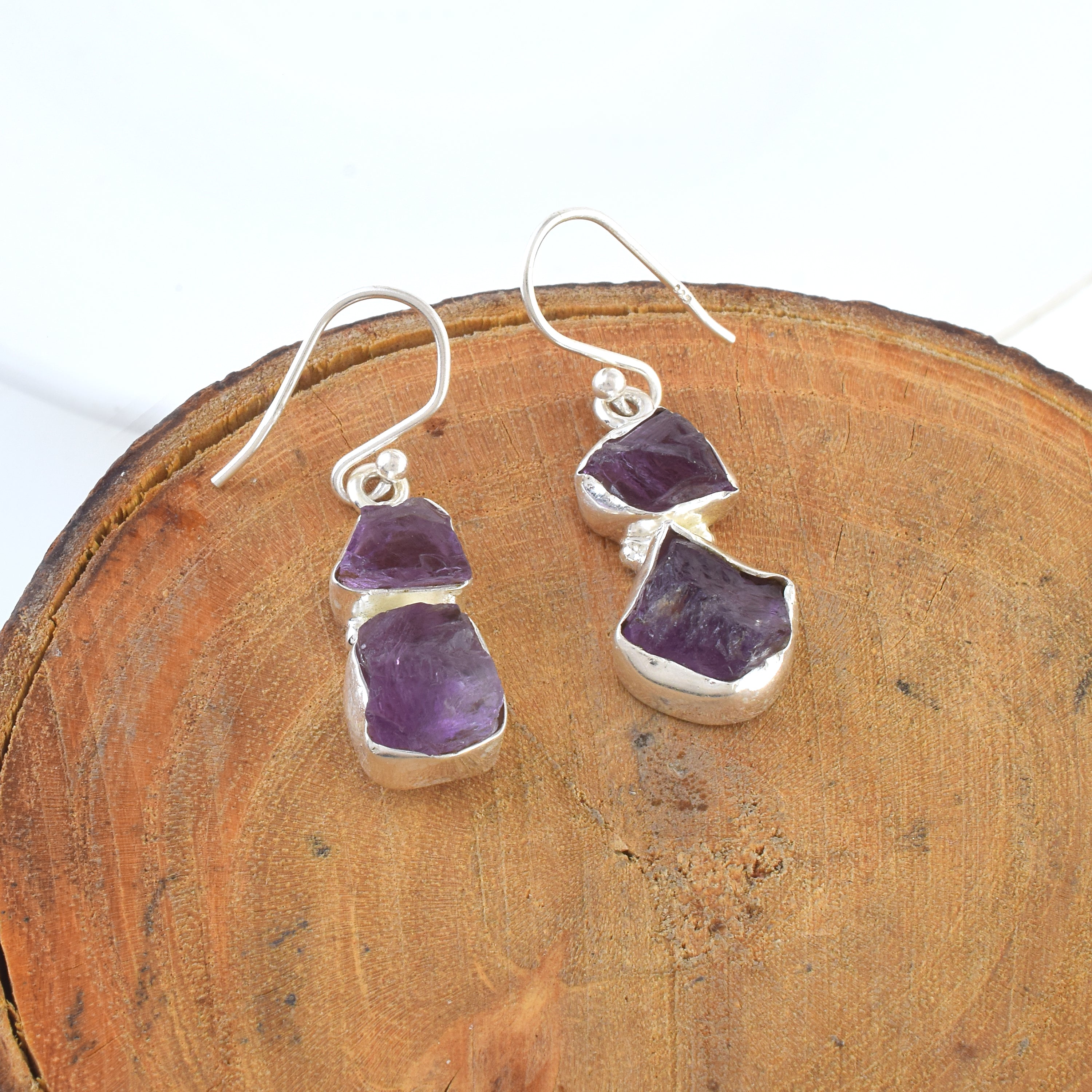 Purple Raw Crystal Silver Dangle Earrings