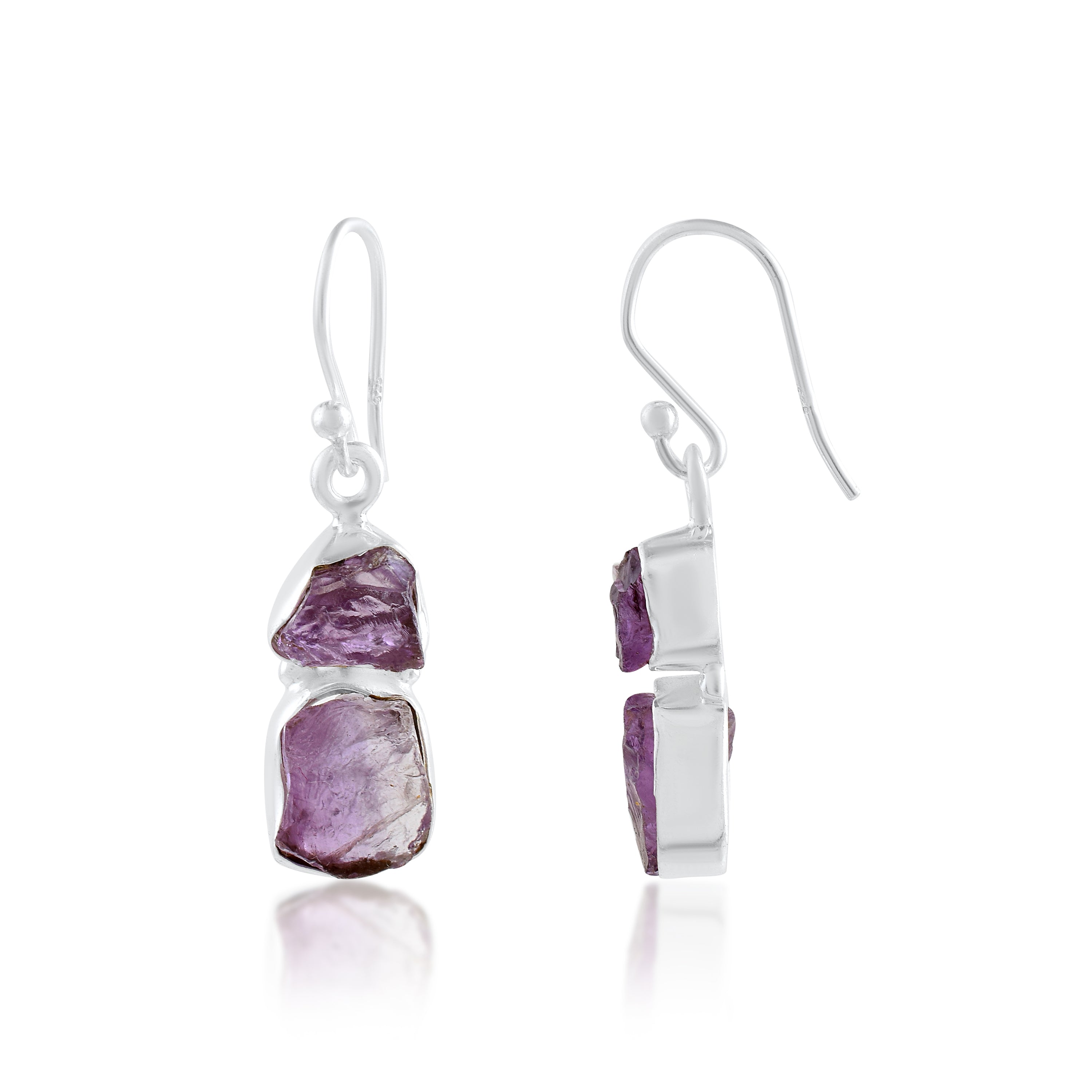 Purple Raw Crystal Silver Dangle Earrings