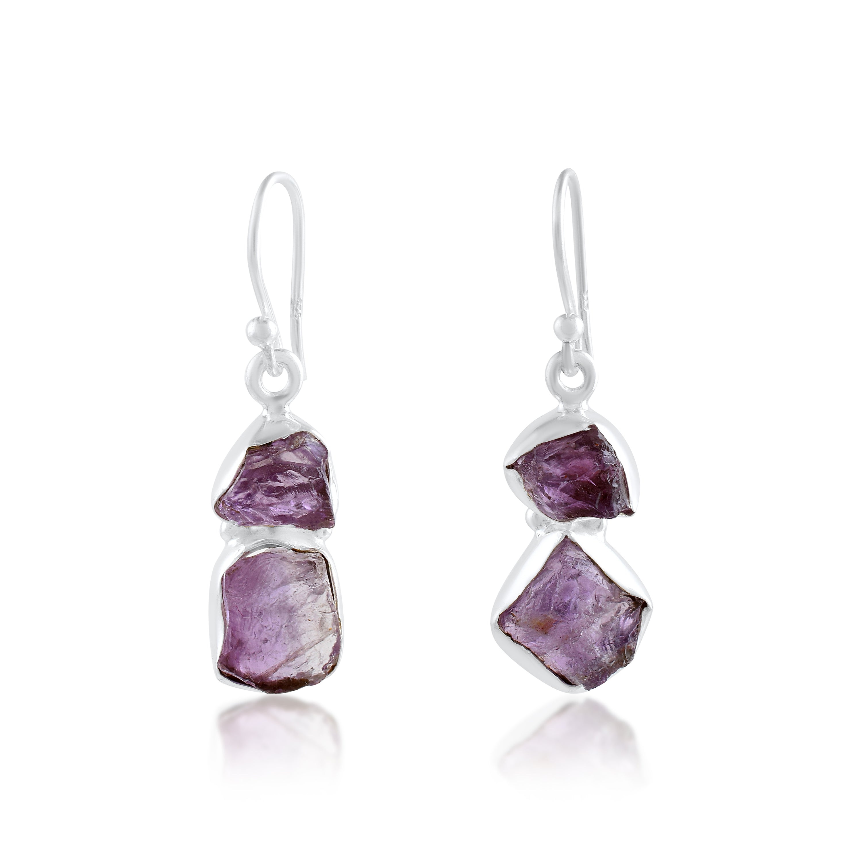 Purple Raw Crystal Silver Dangle Earrings