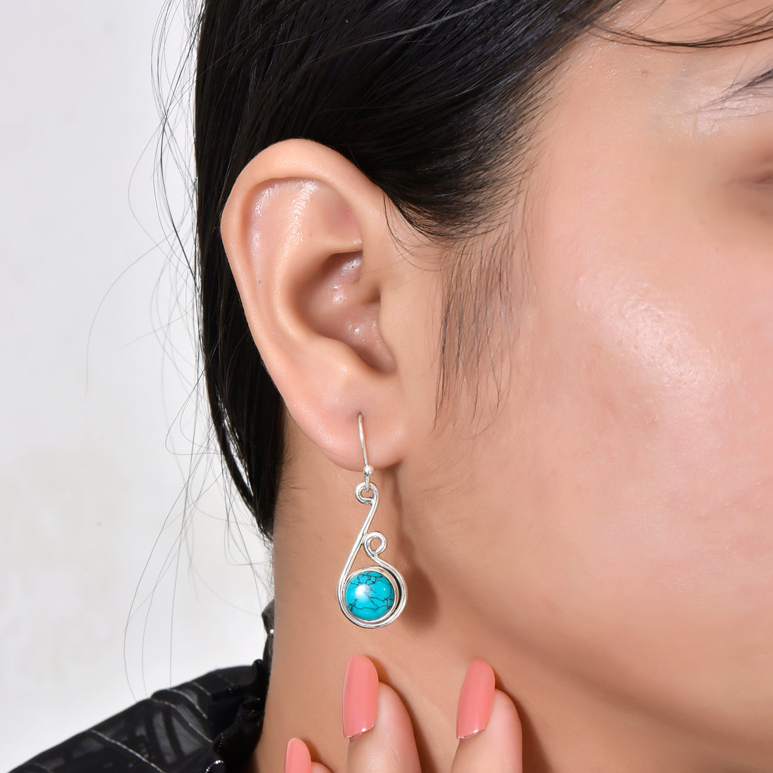 Blue Stone Swirl Design Silver Earrings