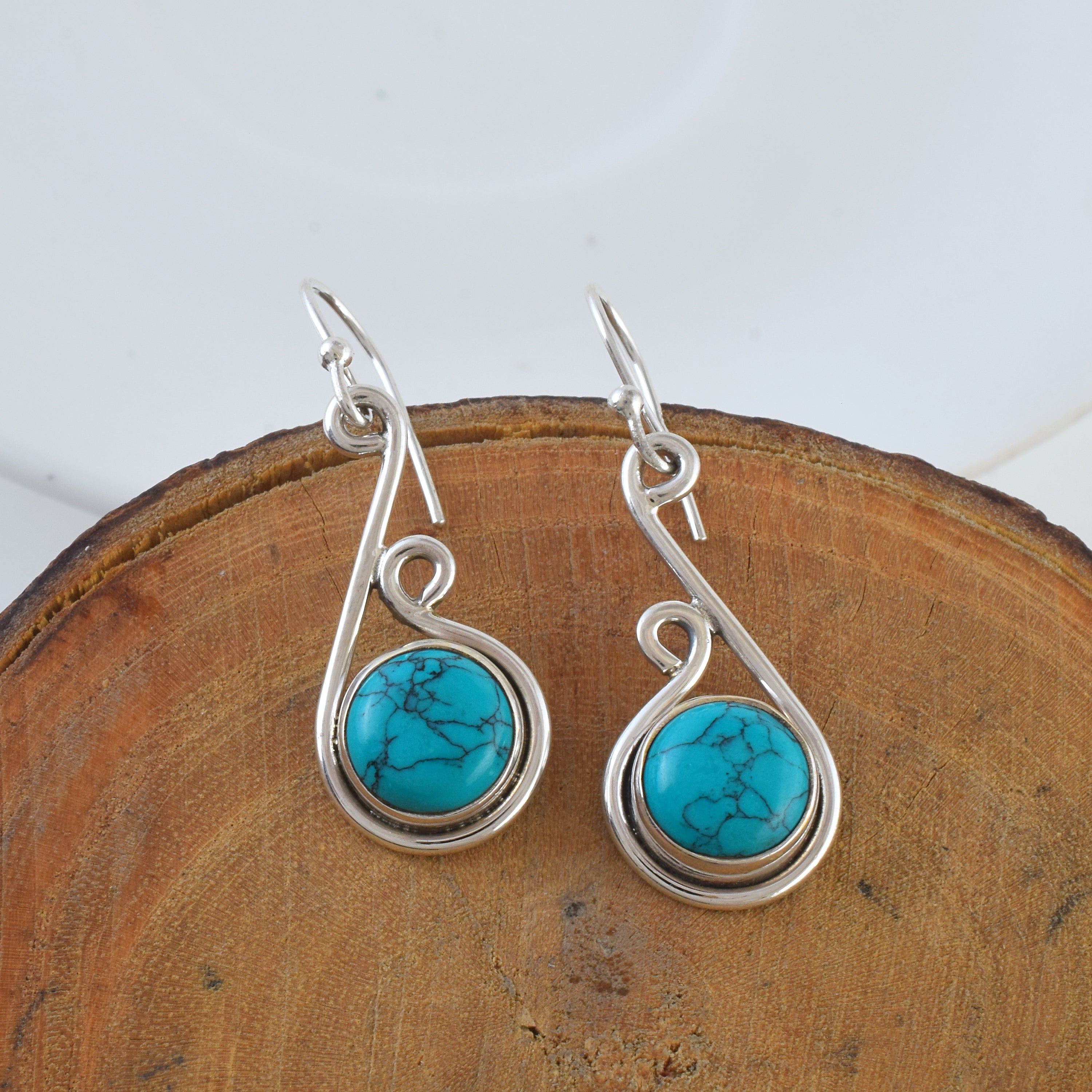 Blue Stone Swirl Design Silver Earrings