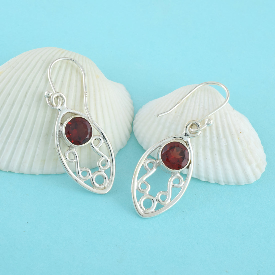 Red Stone Cutout Pattern Silver Dangle Earrings