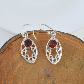 Red Stone Cutout Pattern Silver Dangle Earrings
