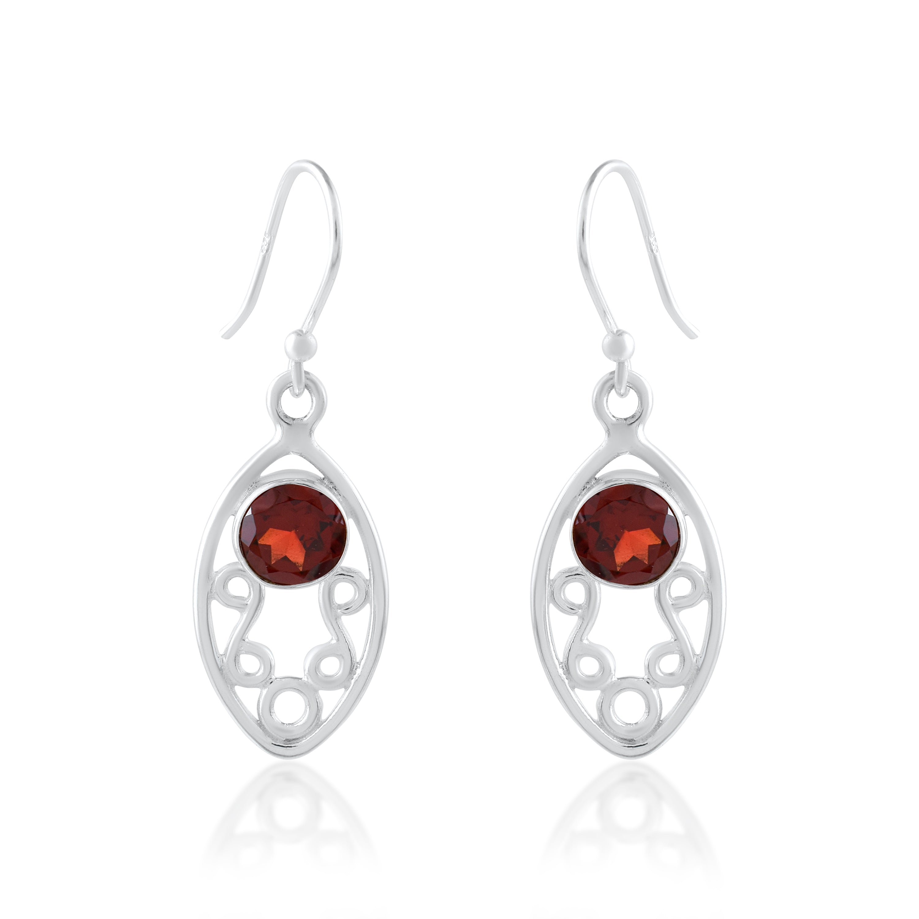 Red Stone Cutout Pattern Silver Dangle Earrings
