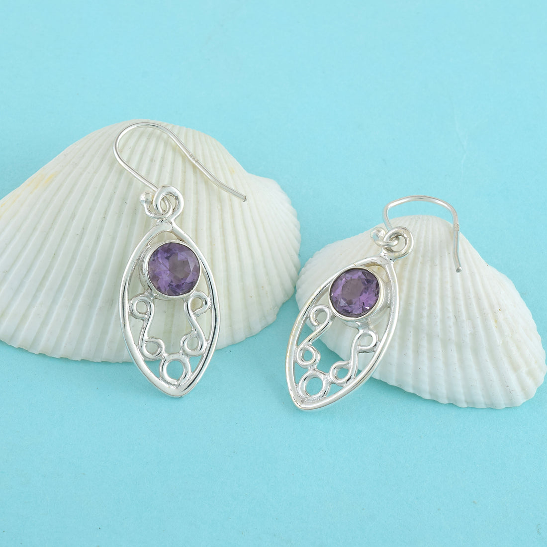 Purple Stone Oval Silver Dangle Earrings