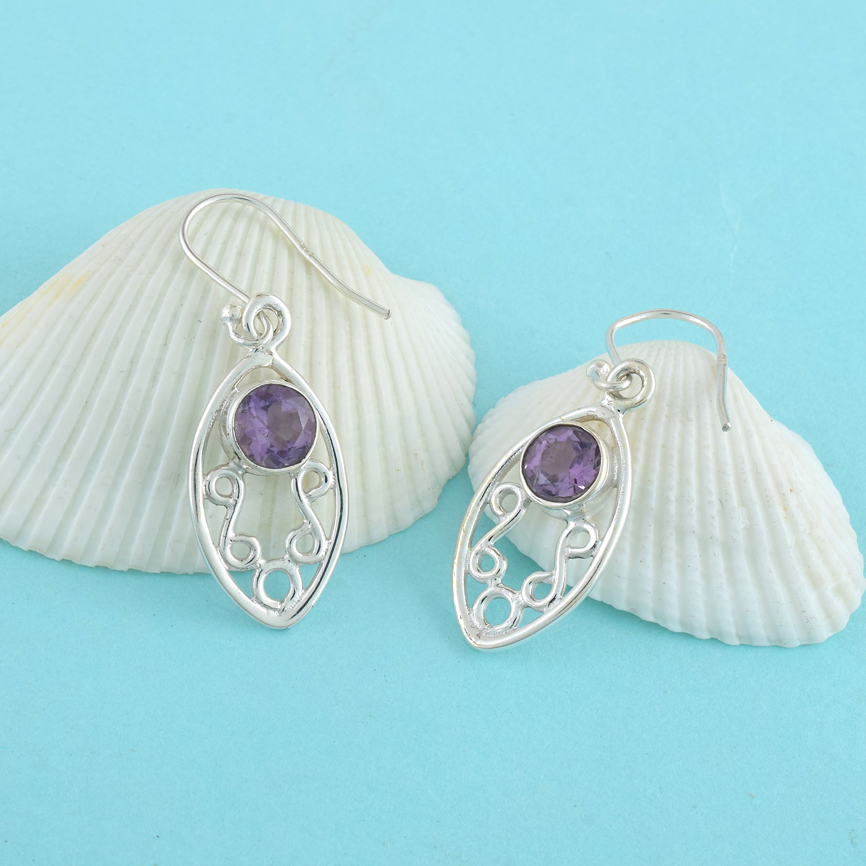 Purple Stone Oval Silver Dangle Earrings