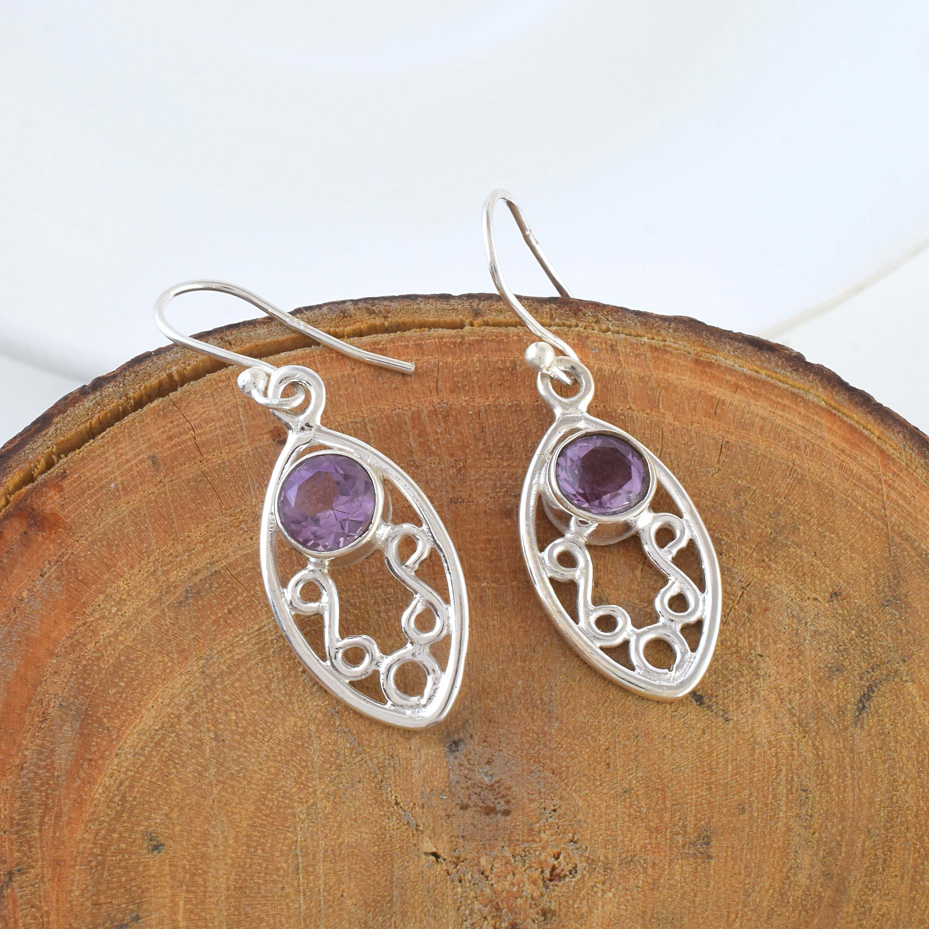 Purple Stone Oval Silver Dangle Earrings