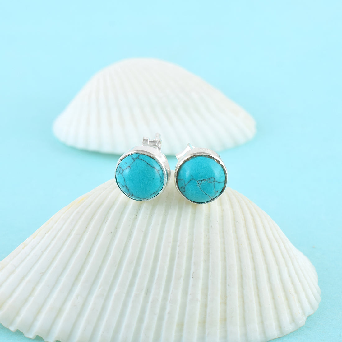 Blue Stone Round Silver Stud Earrings