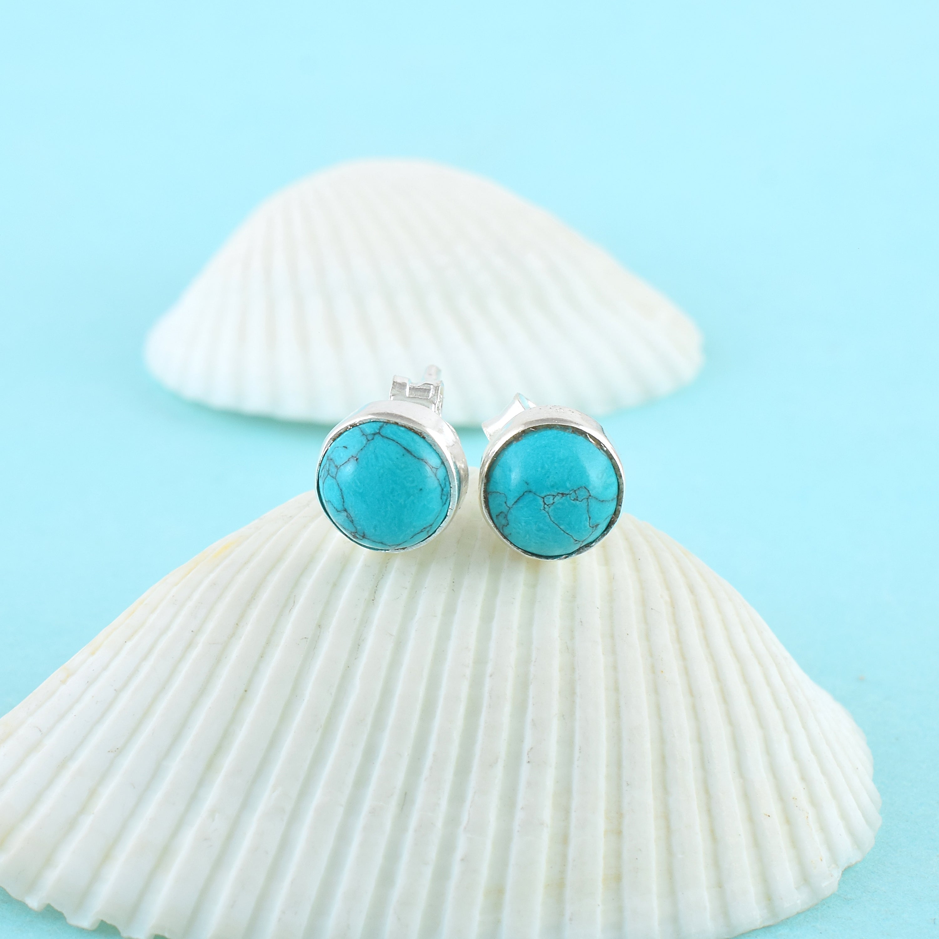 Blue Stone Round Silver Stud Earrings