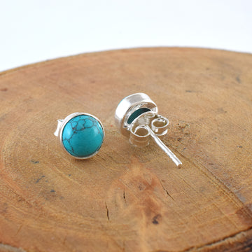 Blue Stone Round Silver Stud Earrings